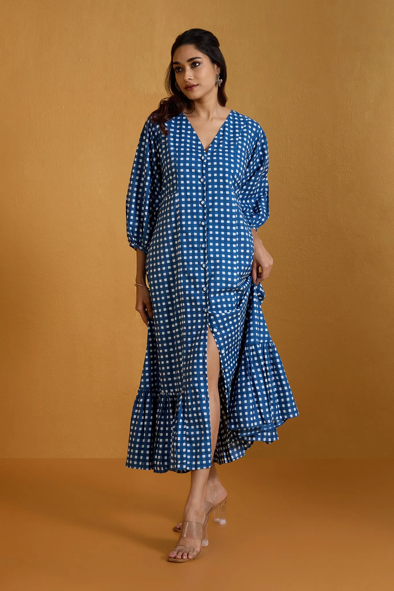 Checkered Indigo Midi Dress with Ruffle Border