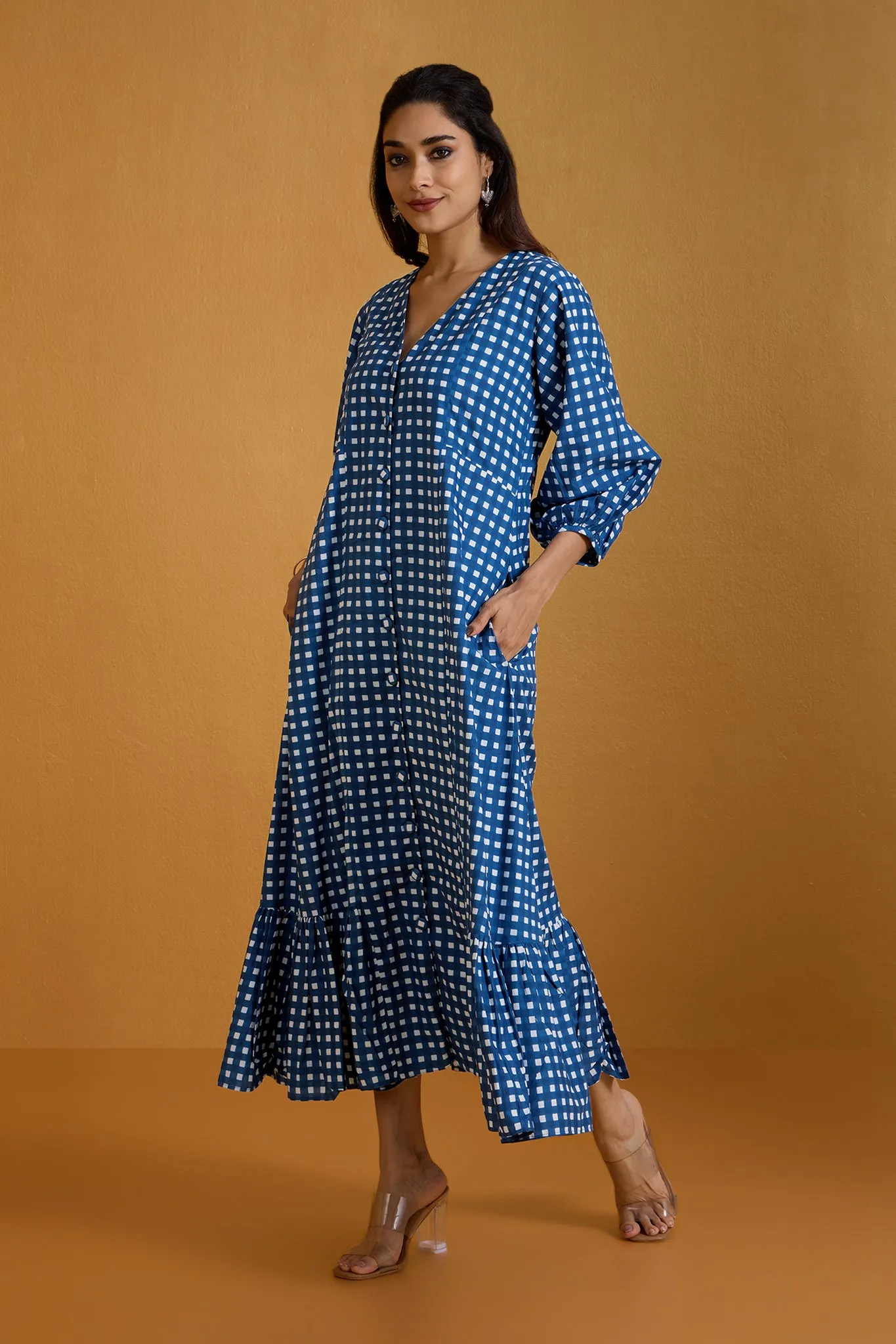 Checkered Indigo Midi Dress with Ruffle Border