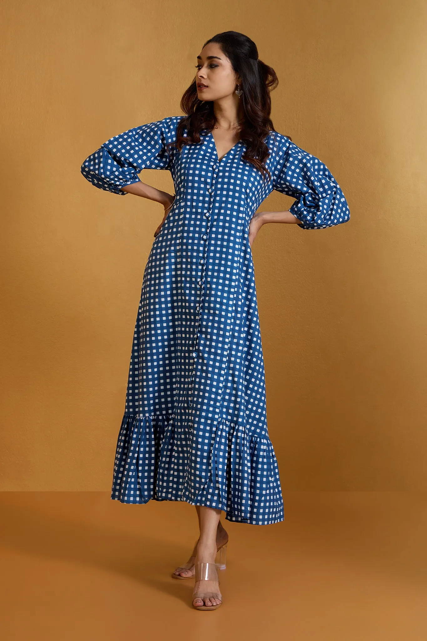 Checkered Indigo Midi Dress with Ruffle Border