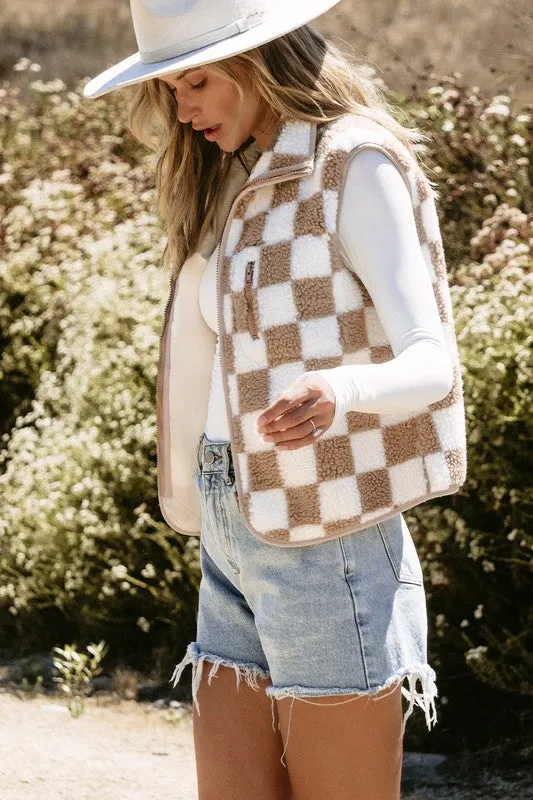 Checkered Sherpa Collared Jacket Vest