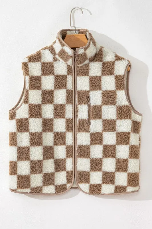 Checkered Sherpa Collared Jacket Vest