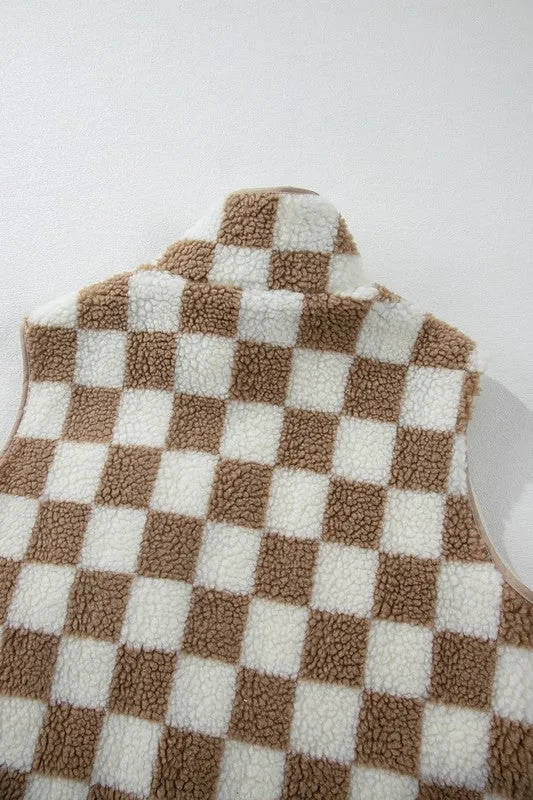 Checkered Sherpa Collared Jacket Vest