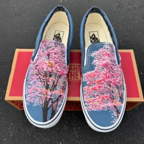 Cherry Blossoms on Custom Navy Slip On Vans Shoes for Women and Men