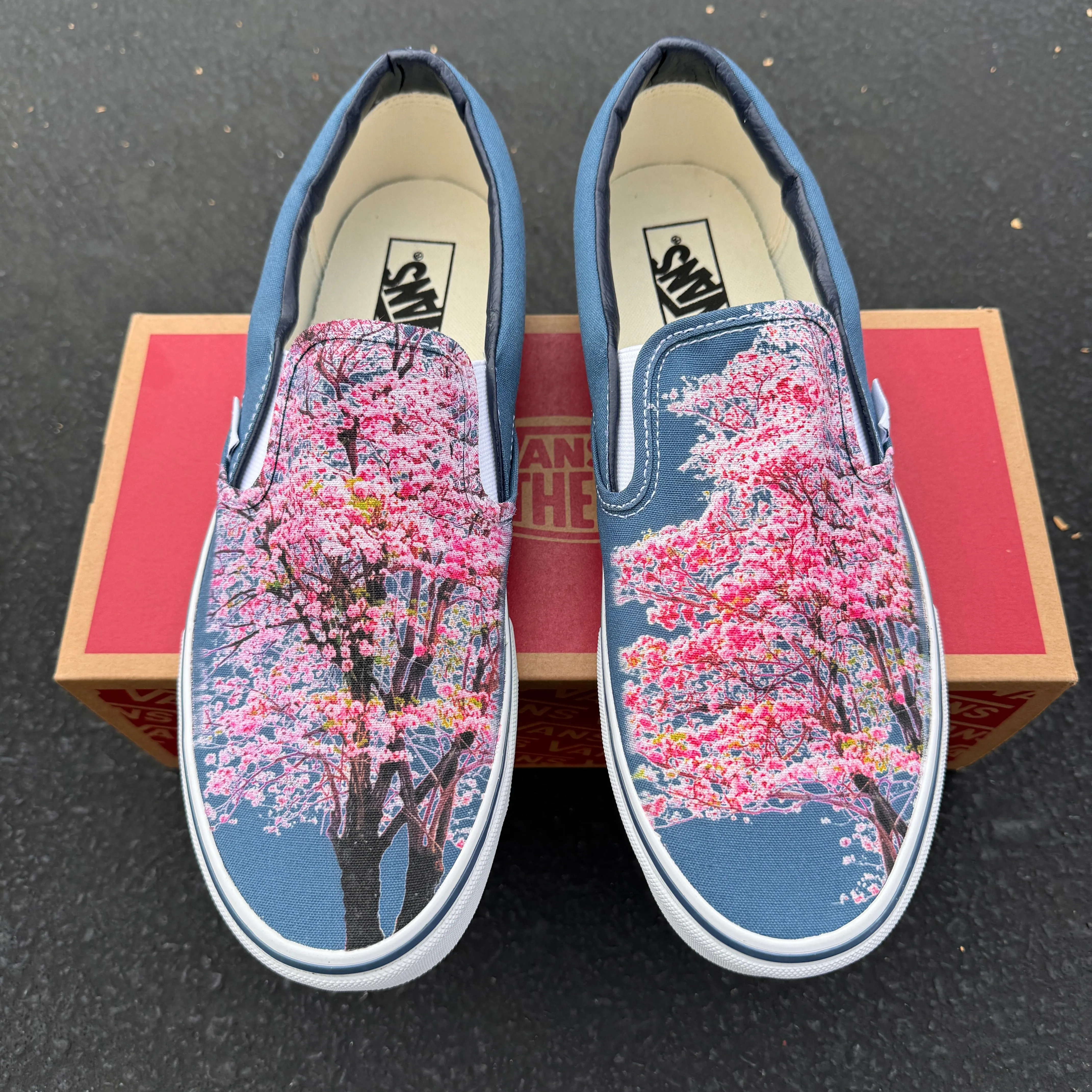 Cherry Blossoms on Custom Navy Slip On Vans Shoes for Women and Men