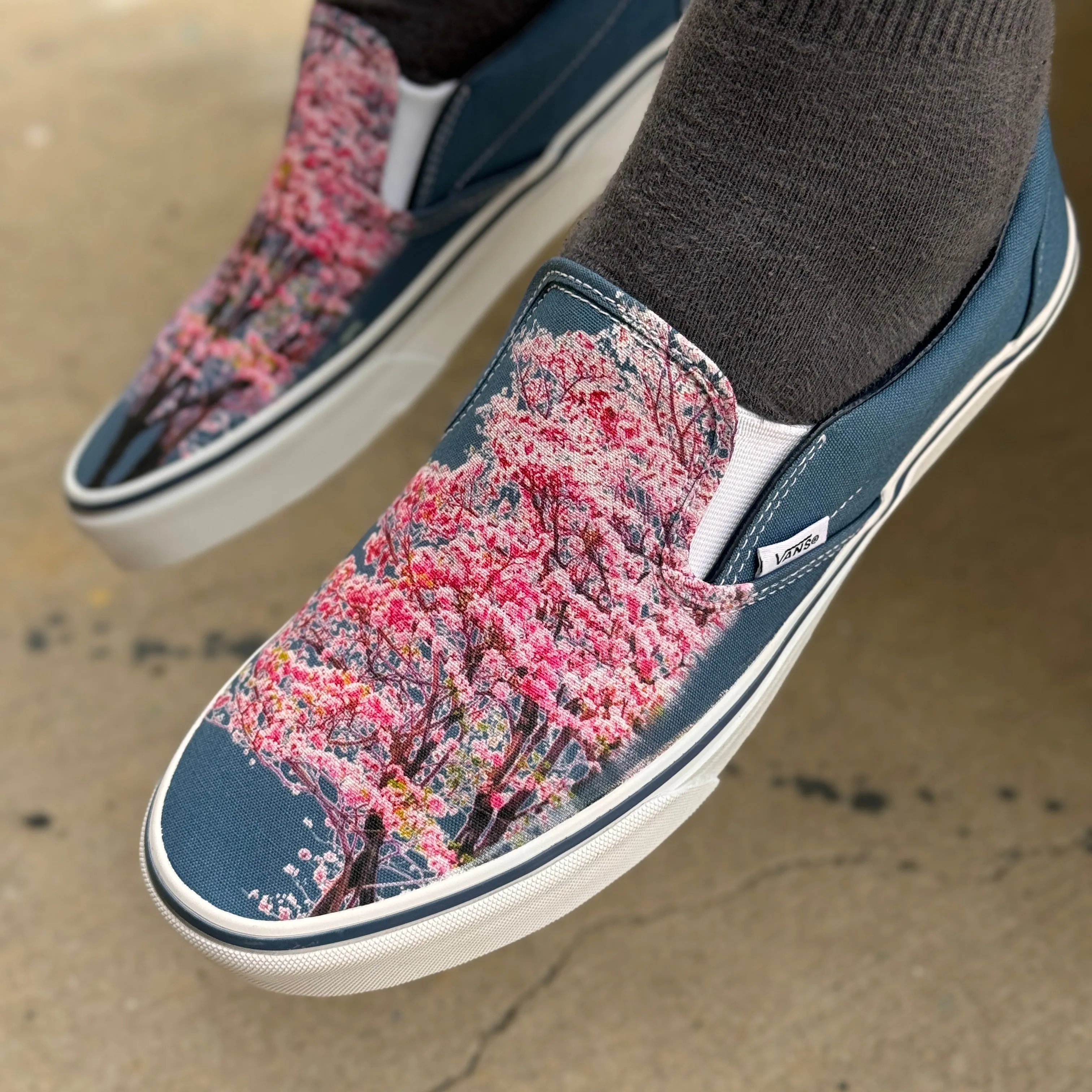 Cherry Blossoms on Custom Navy Slip On Vans Shoes for Women and Men