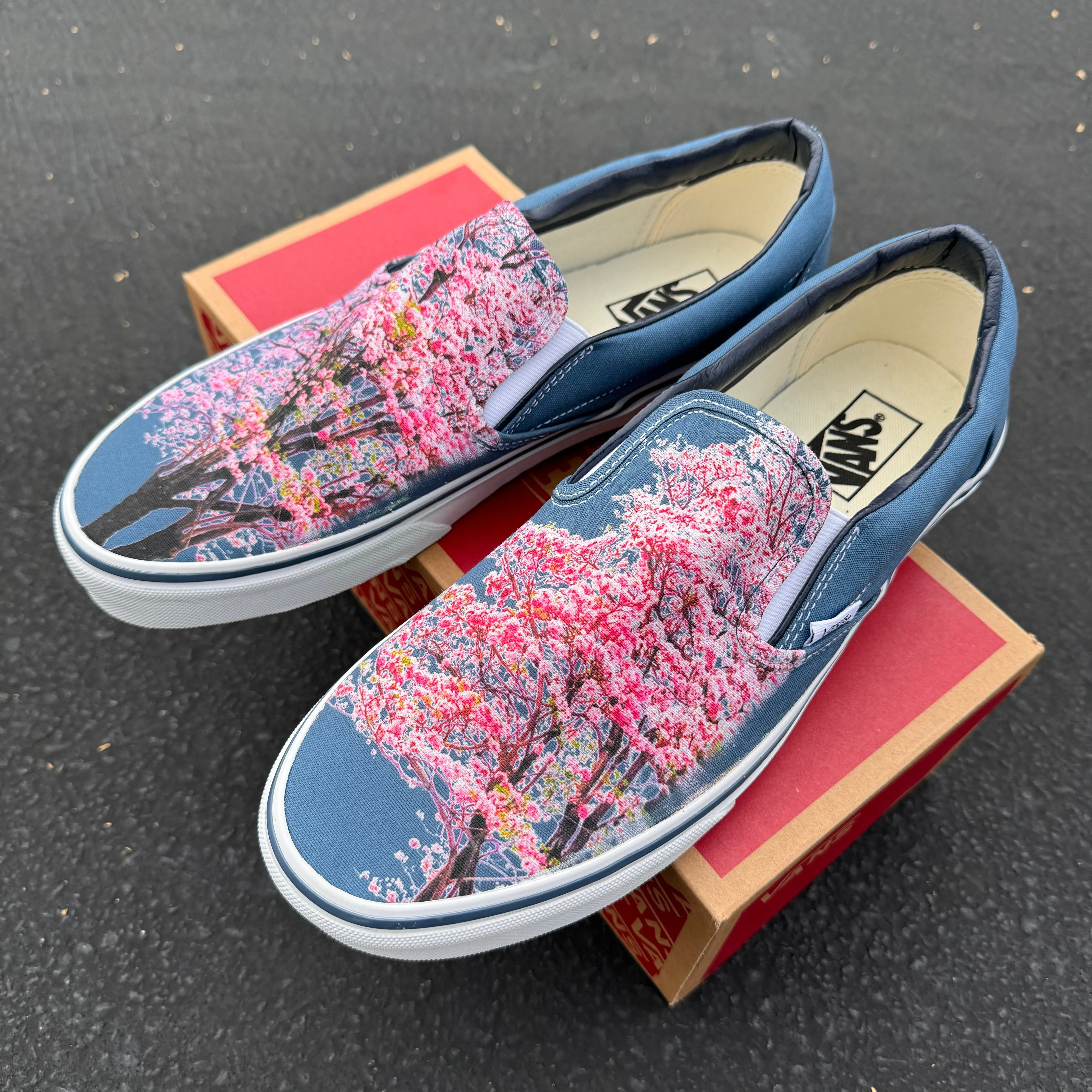 Cherry Blossoms on Custom Navy Slip On Vans Shoes for Women and Men