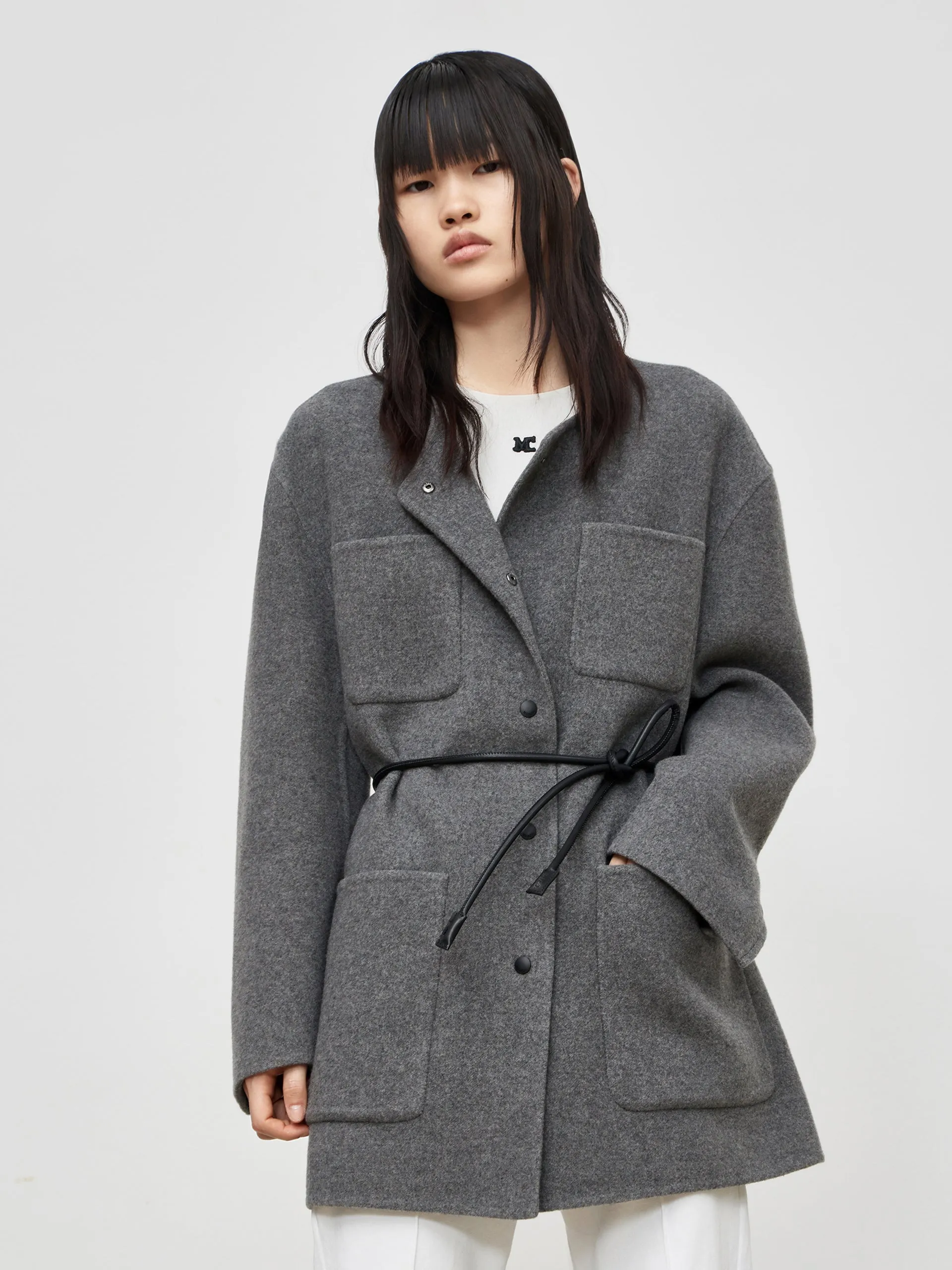 Collarless Coat in Wool