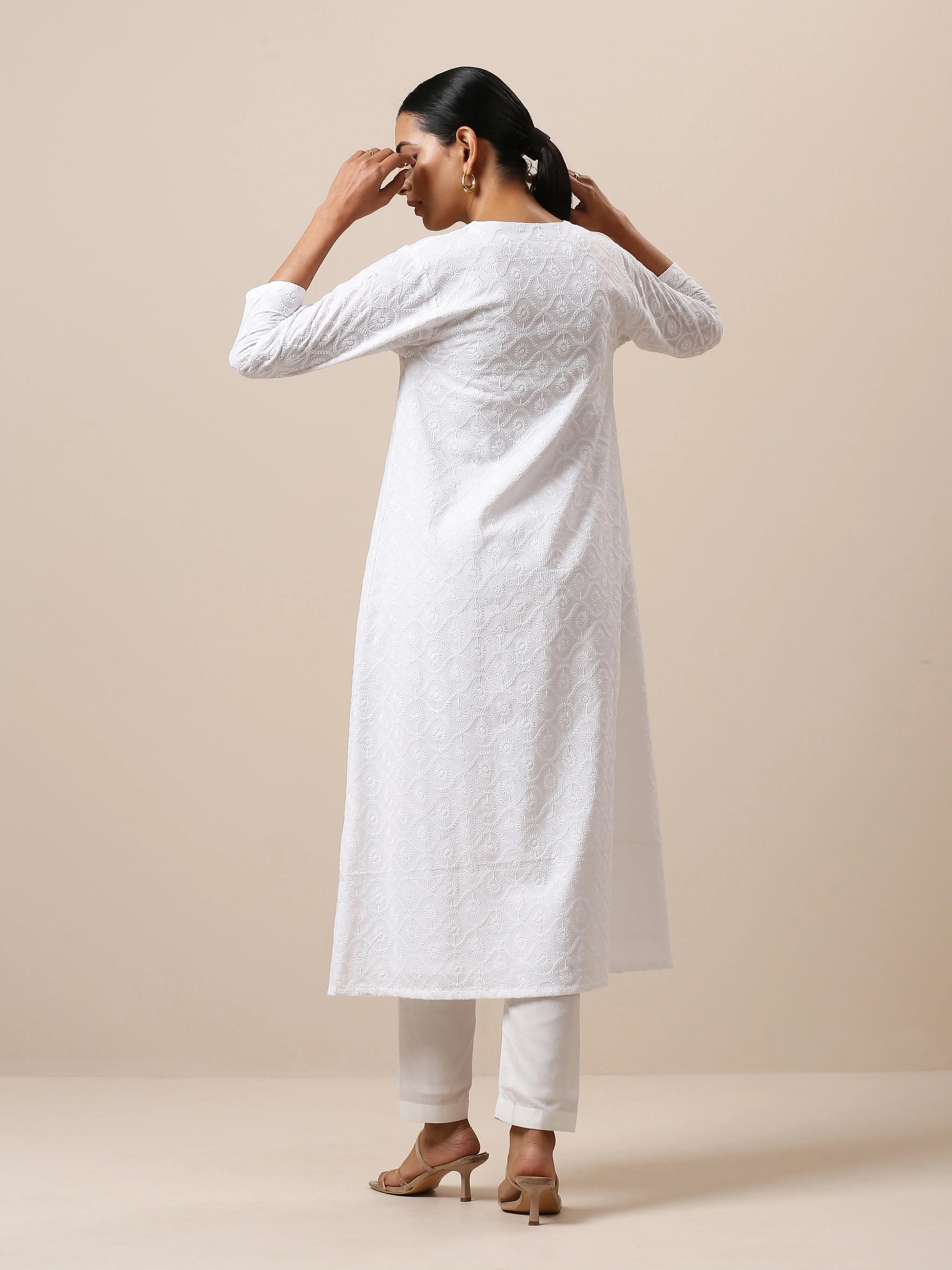 Cotton White Embroidered Flared Kurta Pant Set