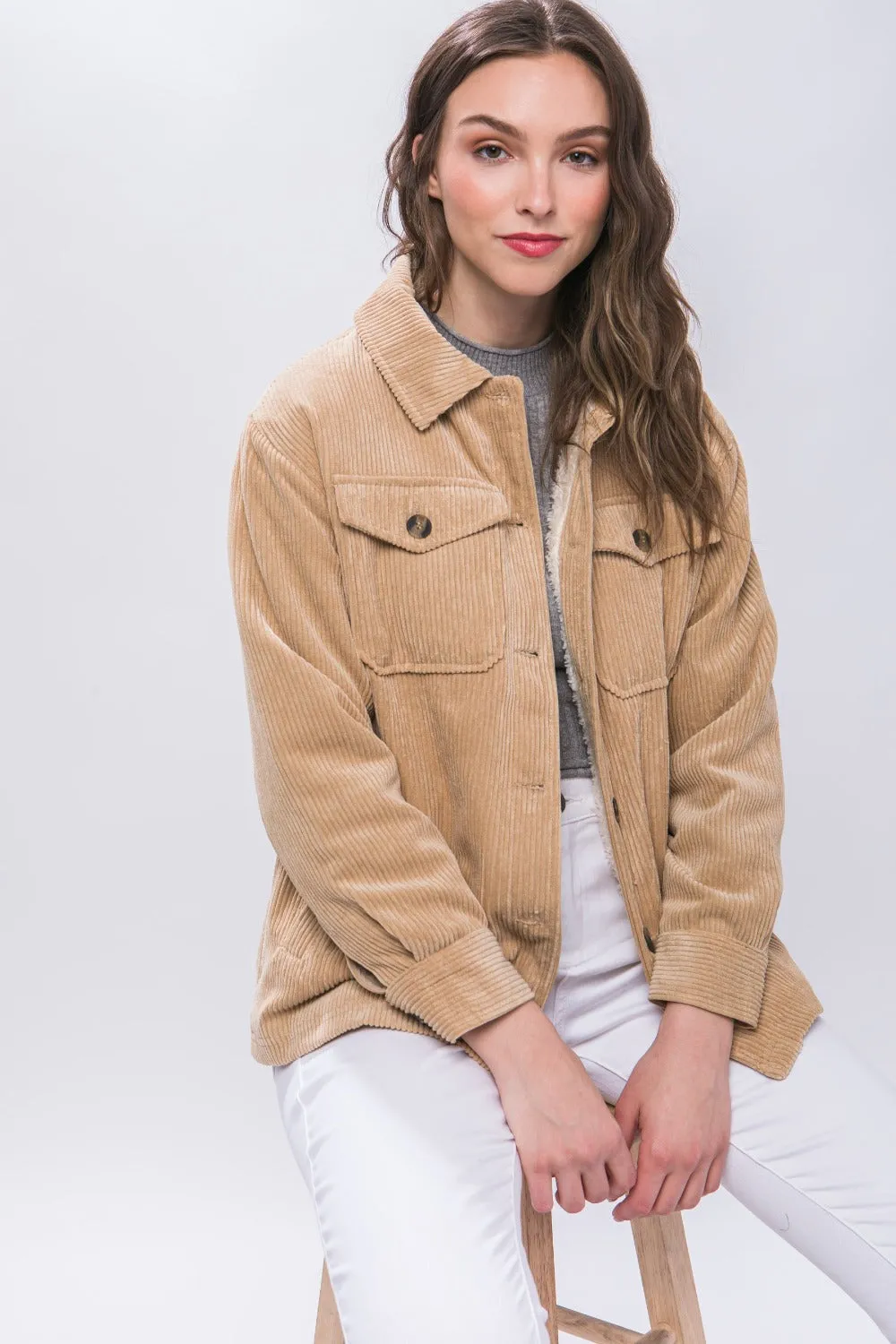 Cozy Corduroy Button Up Jacket with Sherpa Inside