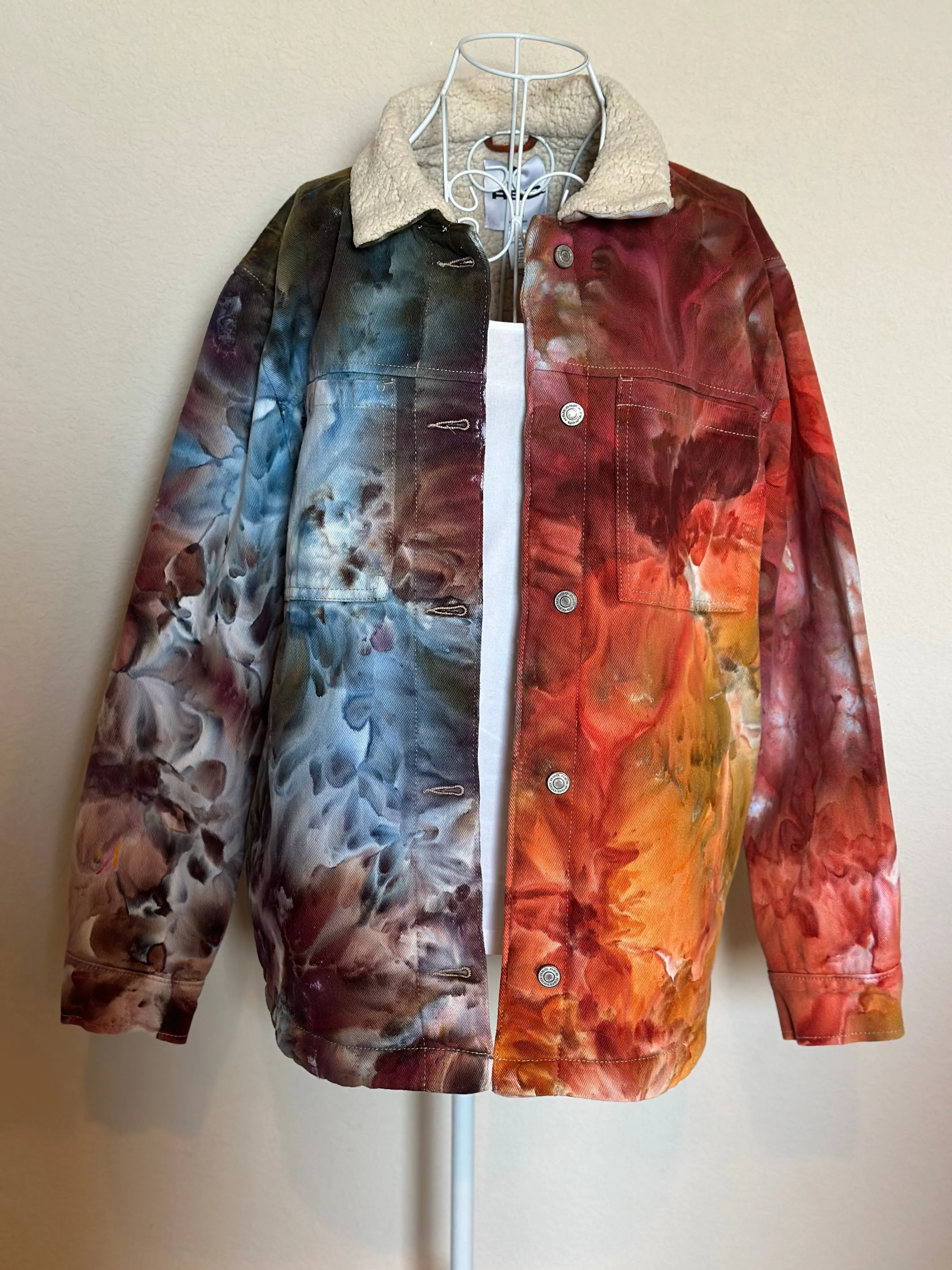 Custom Sherpa Lined Denim Jacket in ‘Rustic Rainbow’ for Eddie