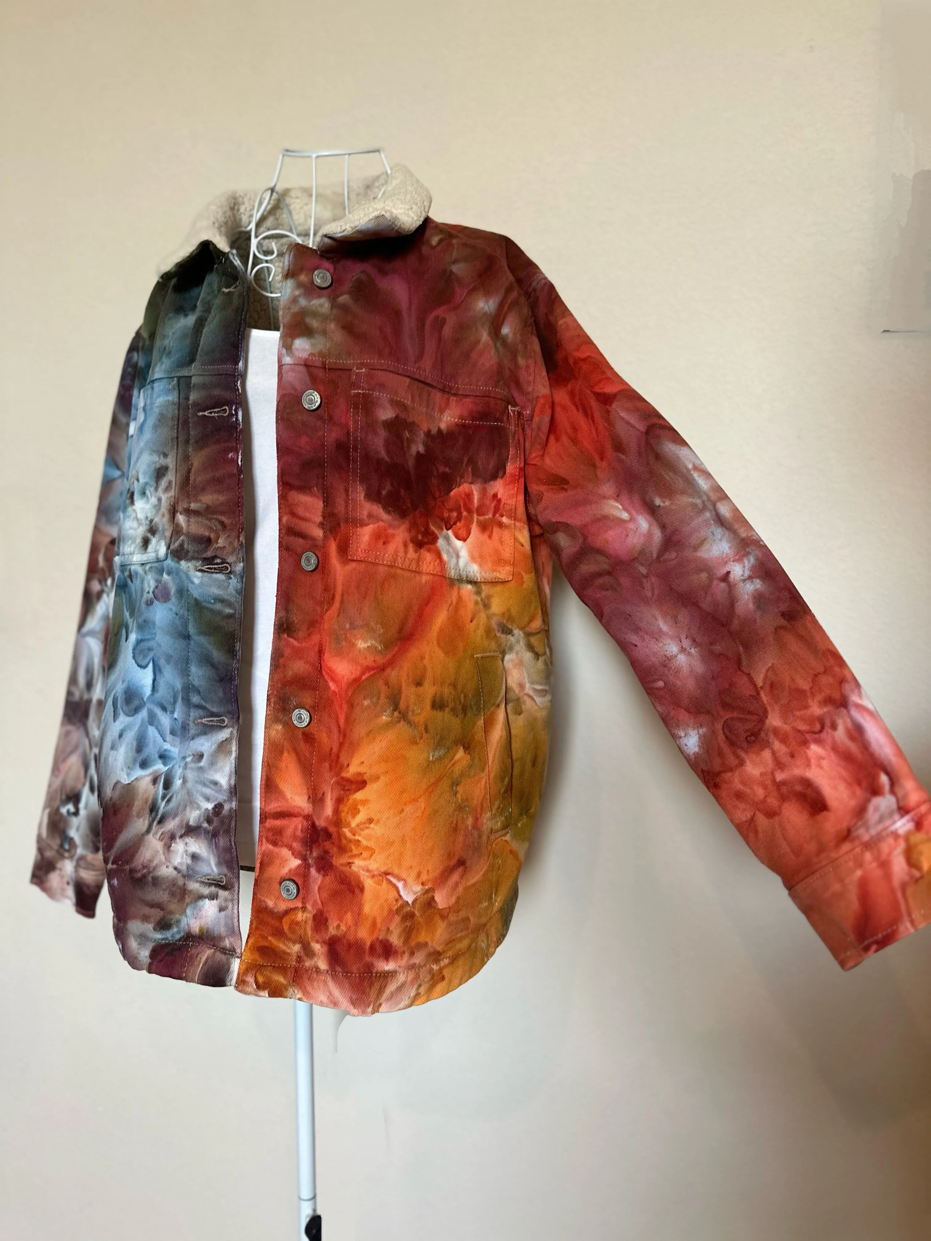 Custom Sherpa Lined Denim Jacket in ‘Rustic Rainbow’ for Eddie