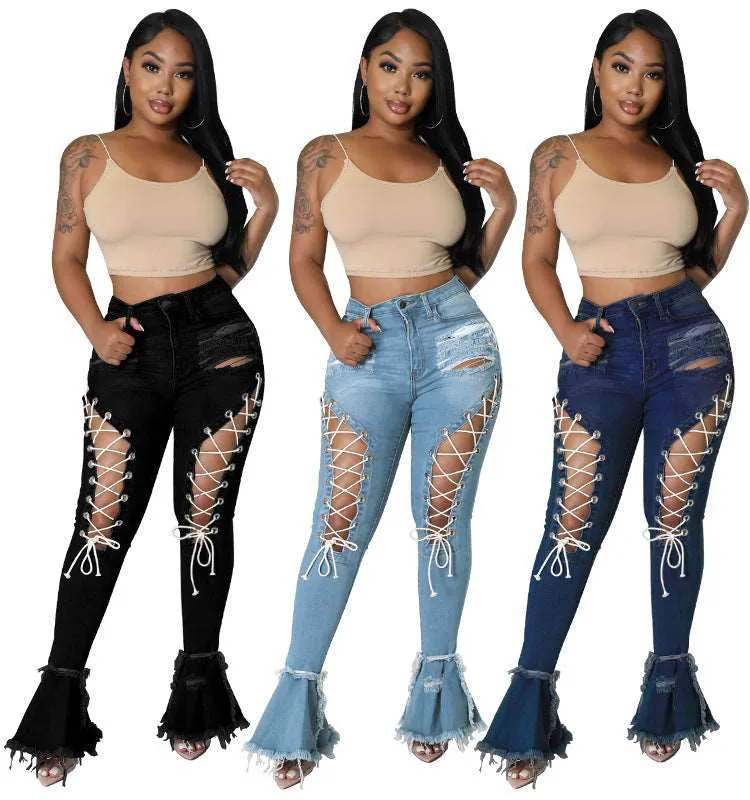 Cut Out Rope Tie Slashed Flared Bottom Denim Jeans