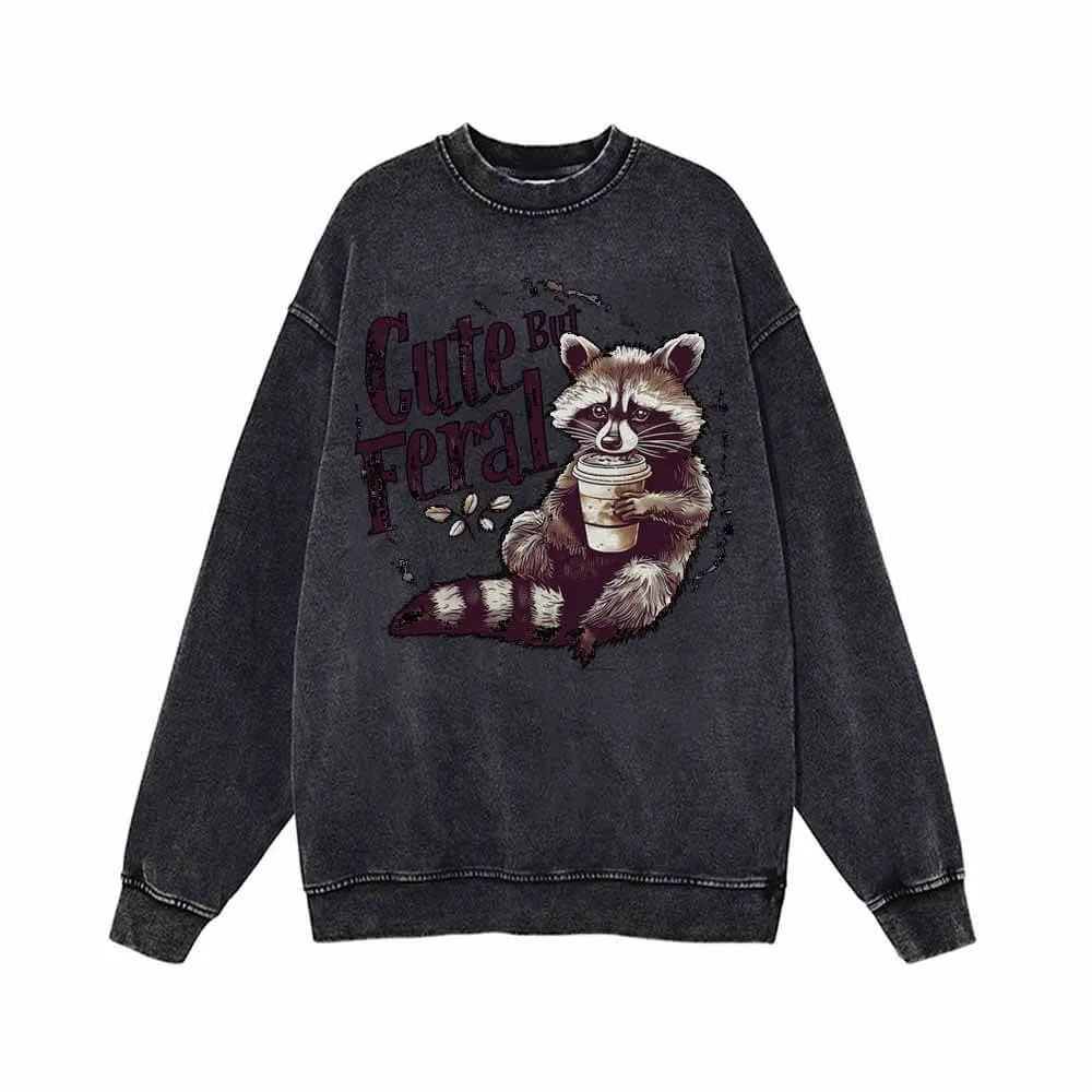 Cute But Feral Raccoon Vintage Washed Hoodie Sweatshirt