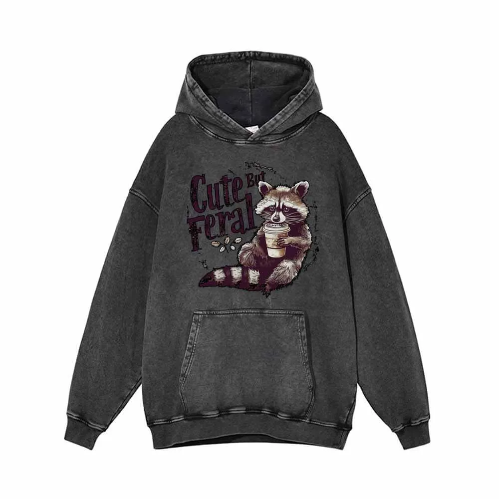 Cute But Feral Raccoon Vintage Washed Hoodie Sweatshirt