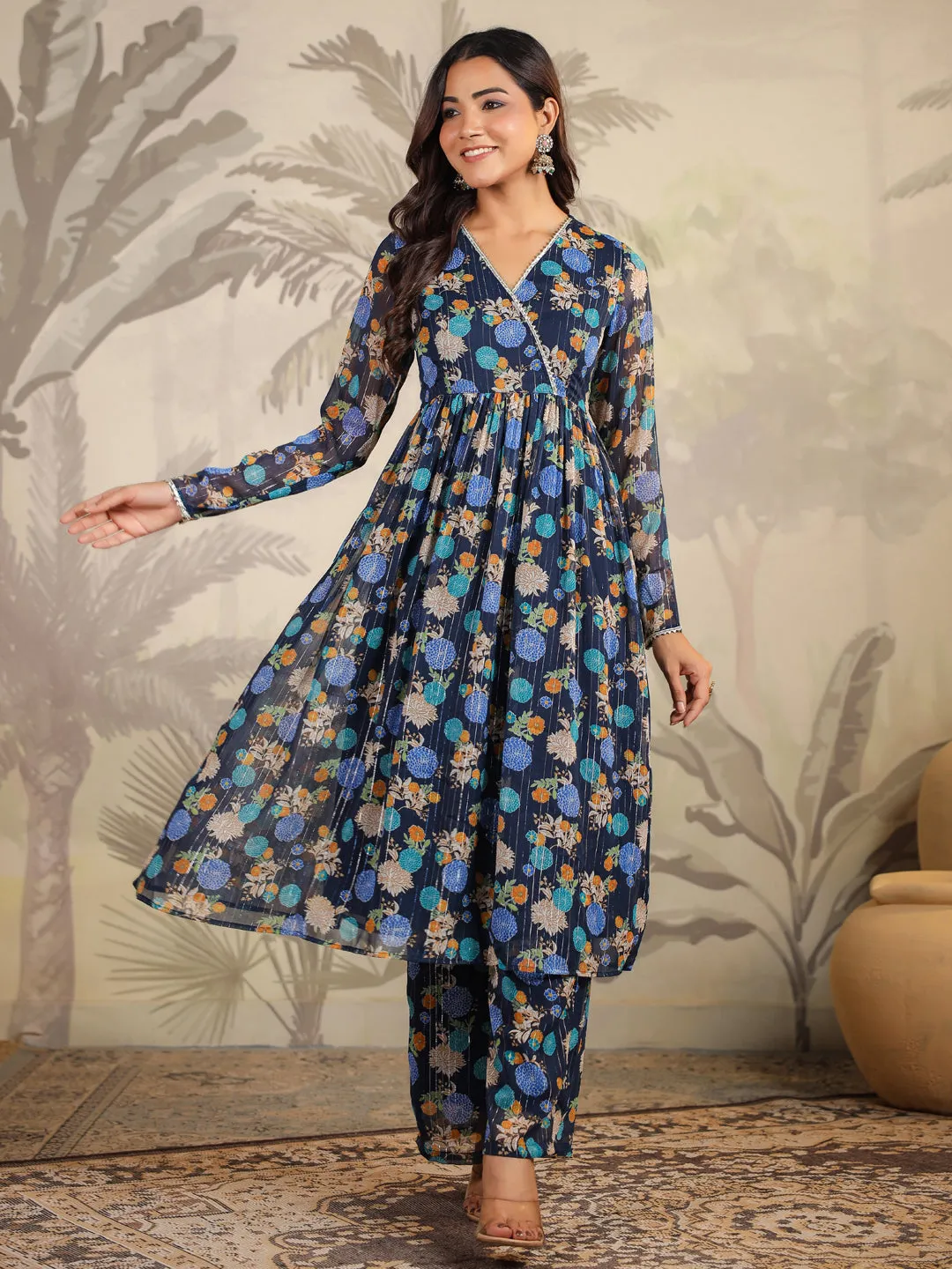 Dark Blue Georgette Floral Printed Flared Kurta Set