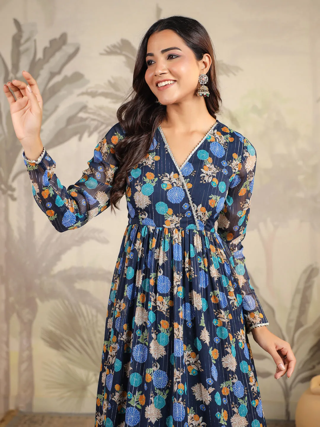 Dark Blue Georgette Floral Printed Flared Kurta Set