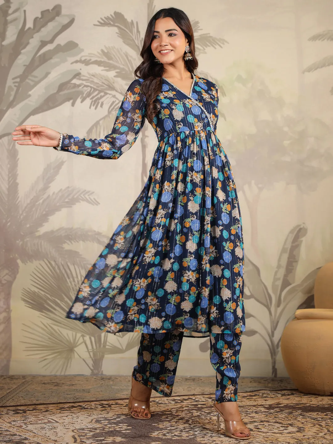 Dark Blue Georgette Floral Printed Flared Kurta Set