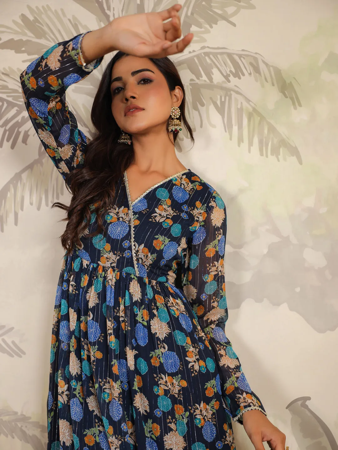 Dark Blue Georgette Floral Printed Flared Kurta Set