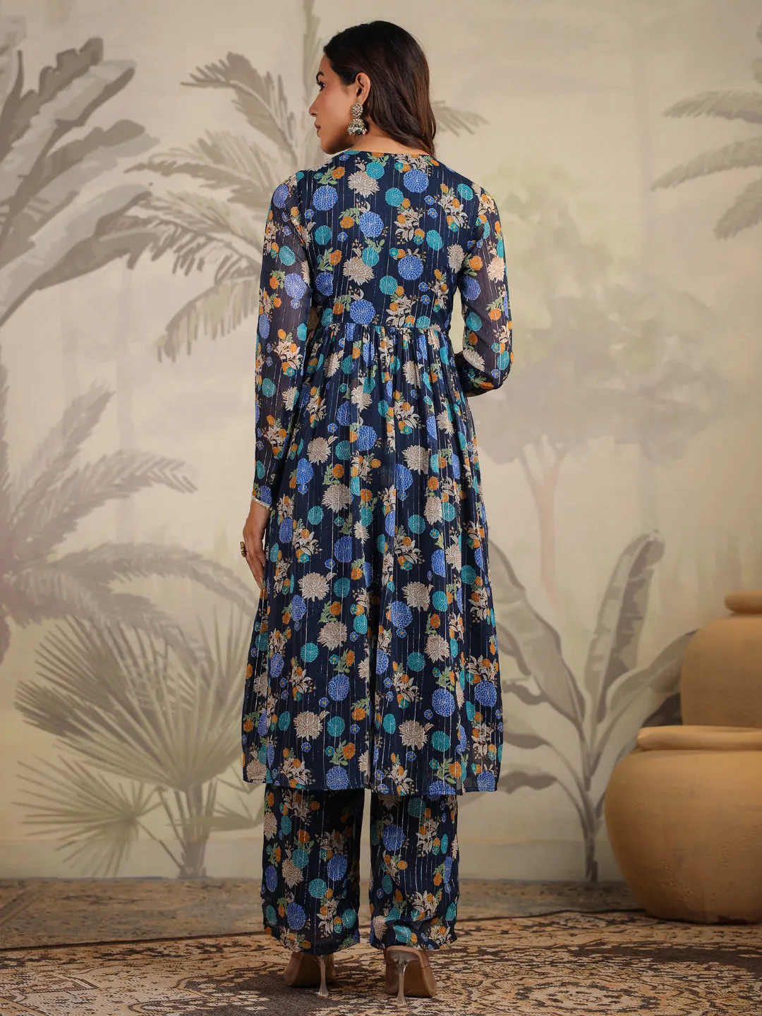 Dark Blue Georgette Floral Printed Flared Kurta Set