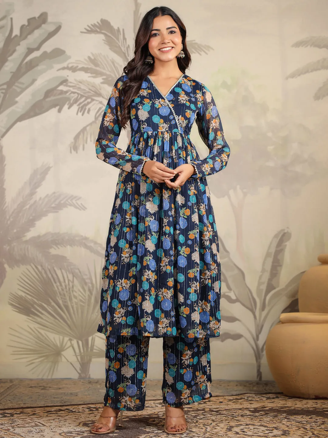 Dark Blue Georgette Floral Printed Flared Kurta Set