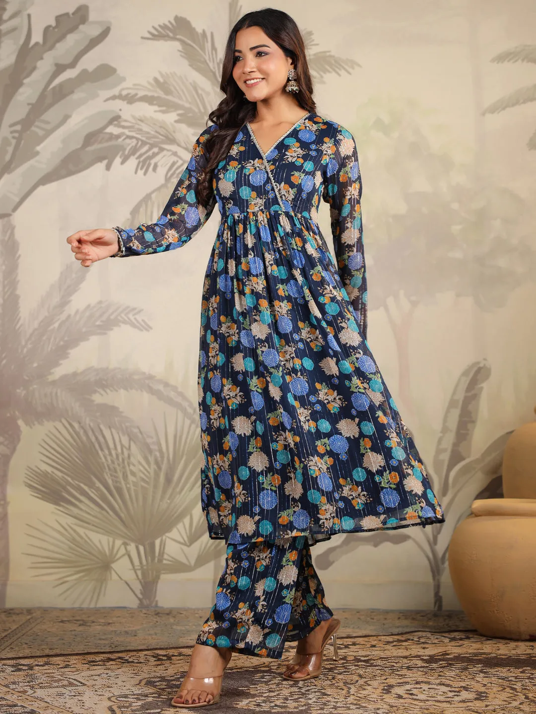 Dark Blue Georgette Floral Printed Flared Kurta Set