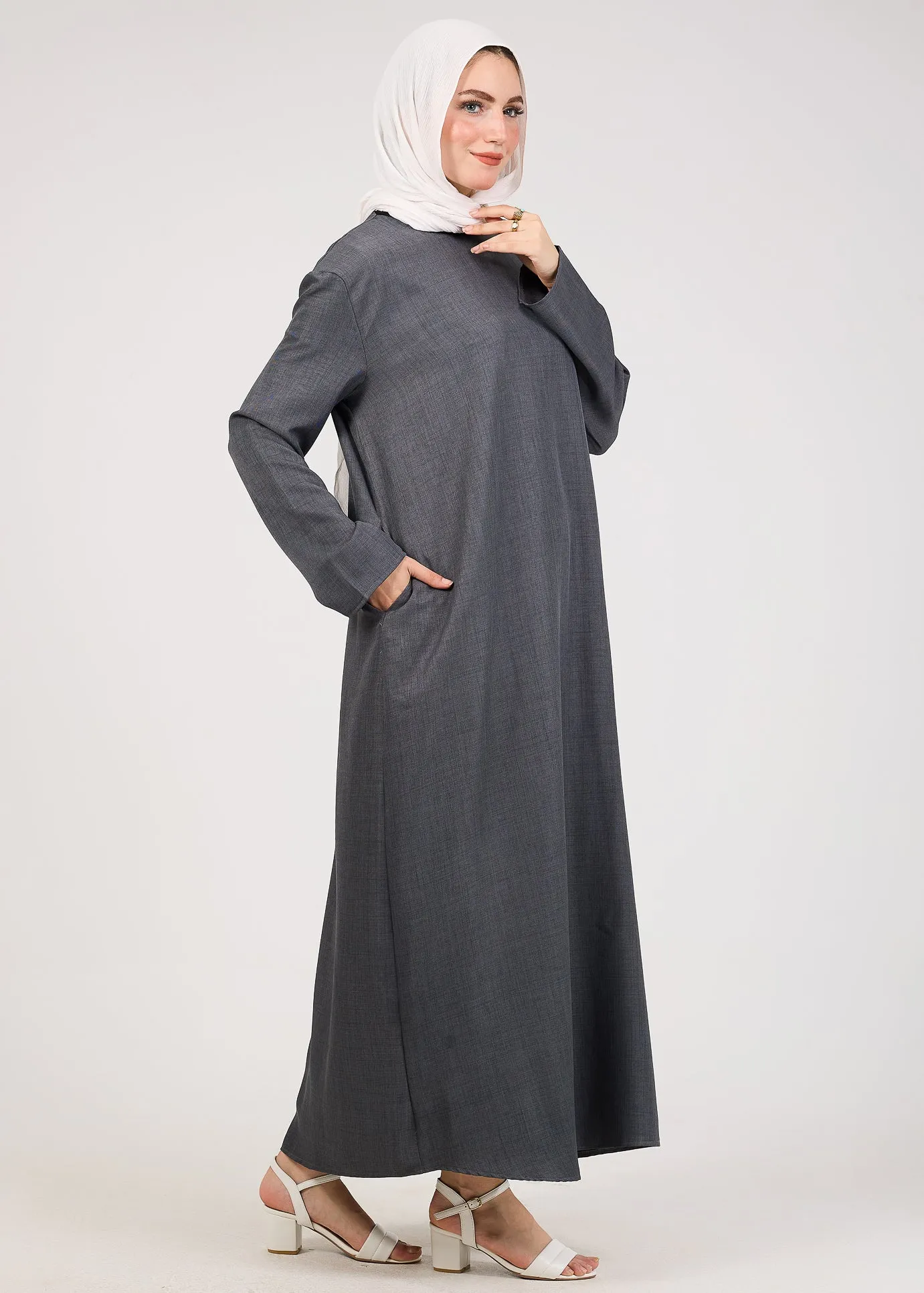 Dark Gray Kira loose slip dress with pockets in maxi length and with long sleeve