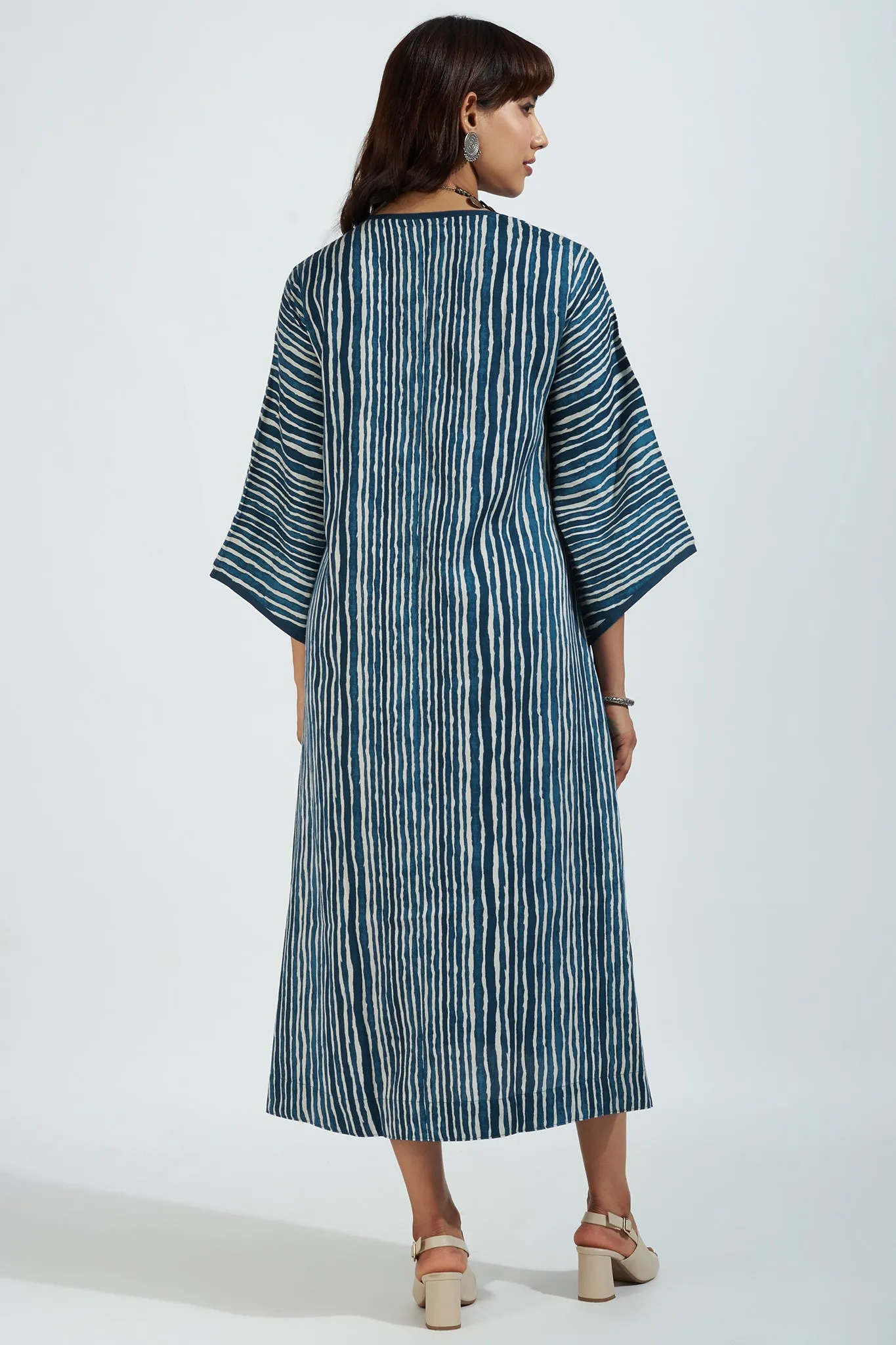 deep v-neck bell sleeves resort dress - oceanic indigo & cascade lines