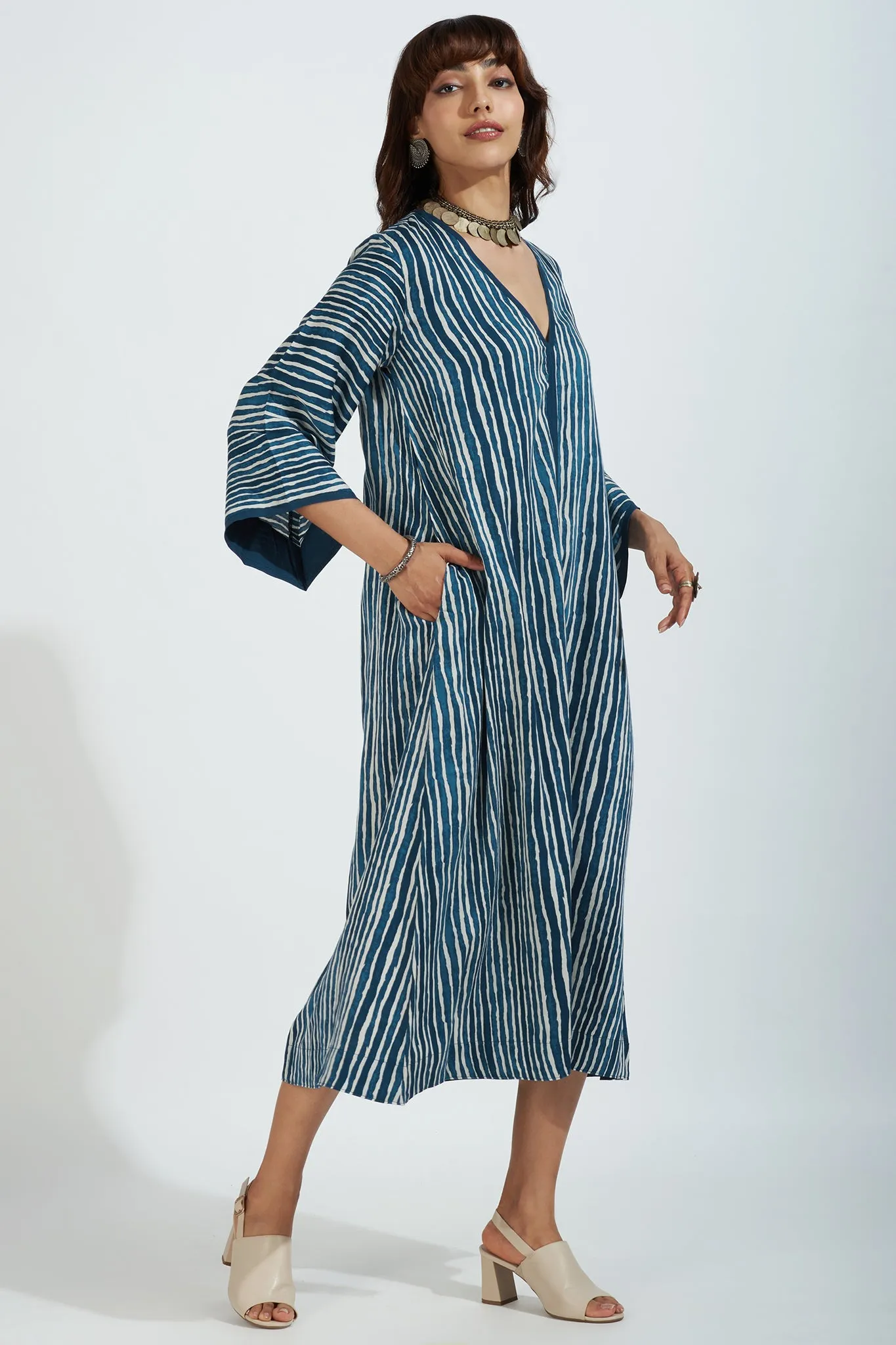 deep v-neck bell sleeves resort dress - oceanic indigo & cascade lines