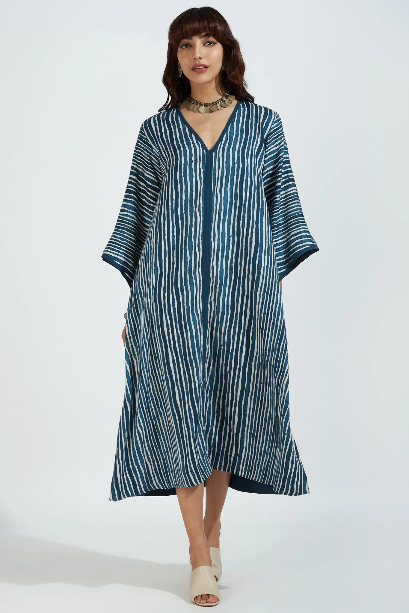 deep v-neck bell sleeves resort dress - oceanic indigo & cascade lines