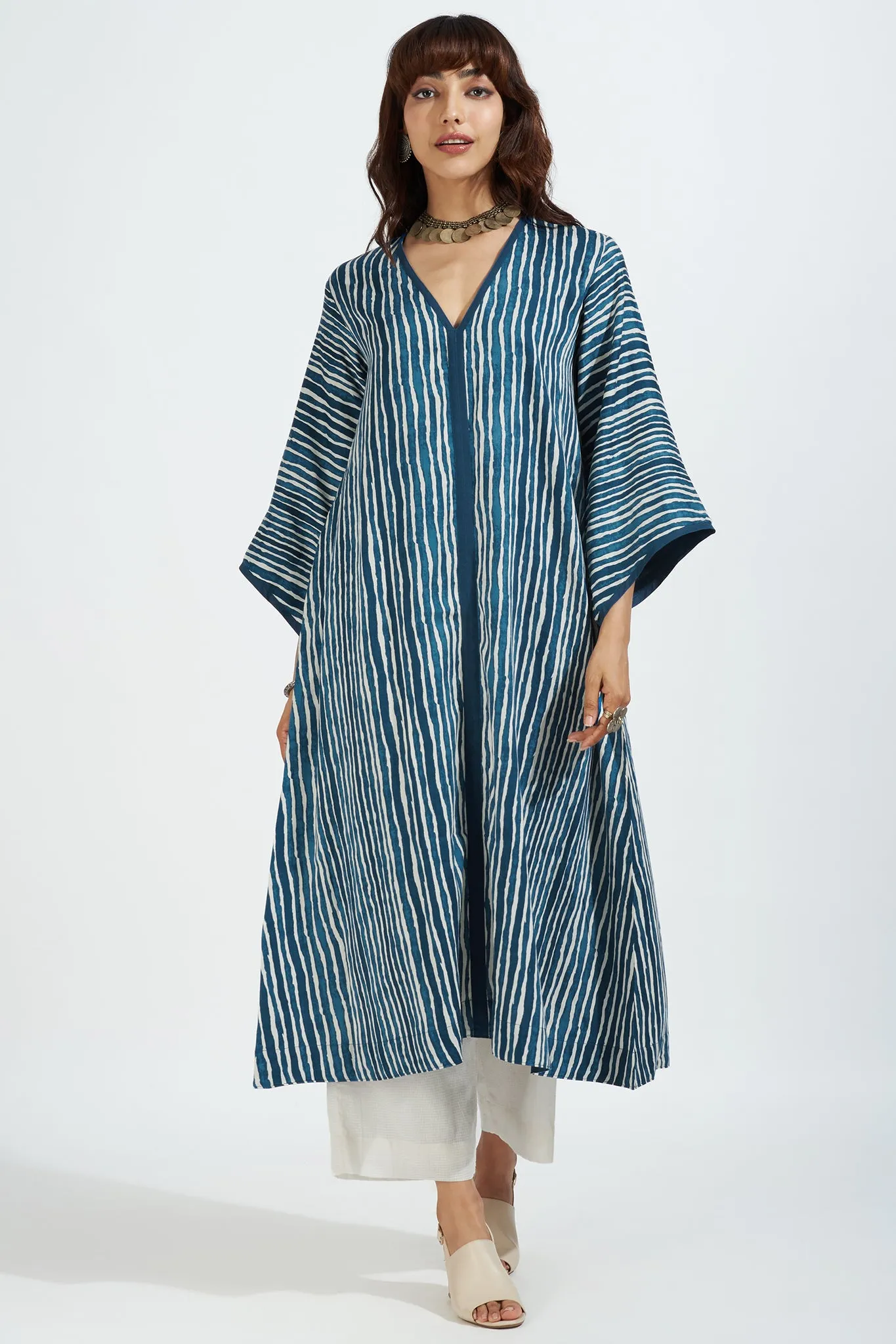 deep v-neck bell sleeves resort dress - oceanic indigo & cascade lines