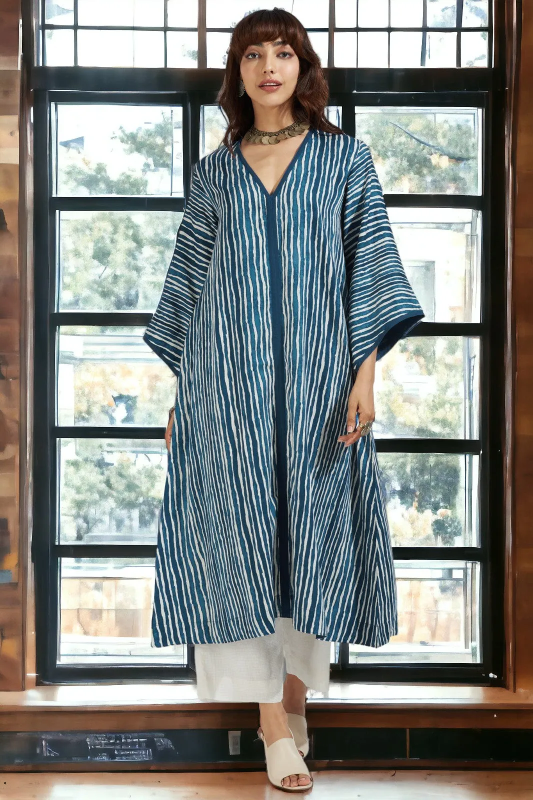 deep v-neck bell sleeves resort dress - oceanic indigo & cascade lines