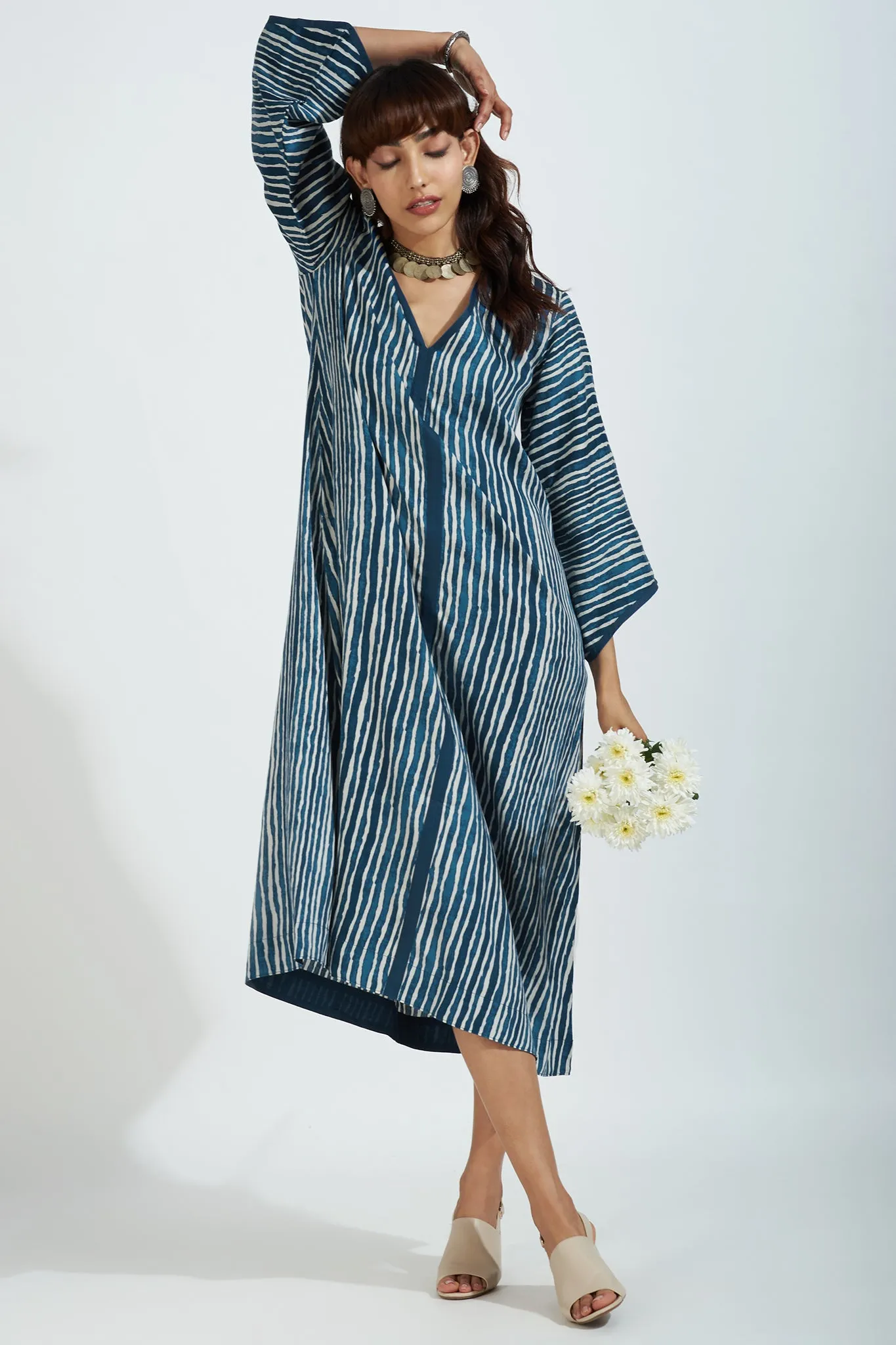 deep v-neck bell sleeves resort dress - oceanic indigo & cascade lines