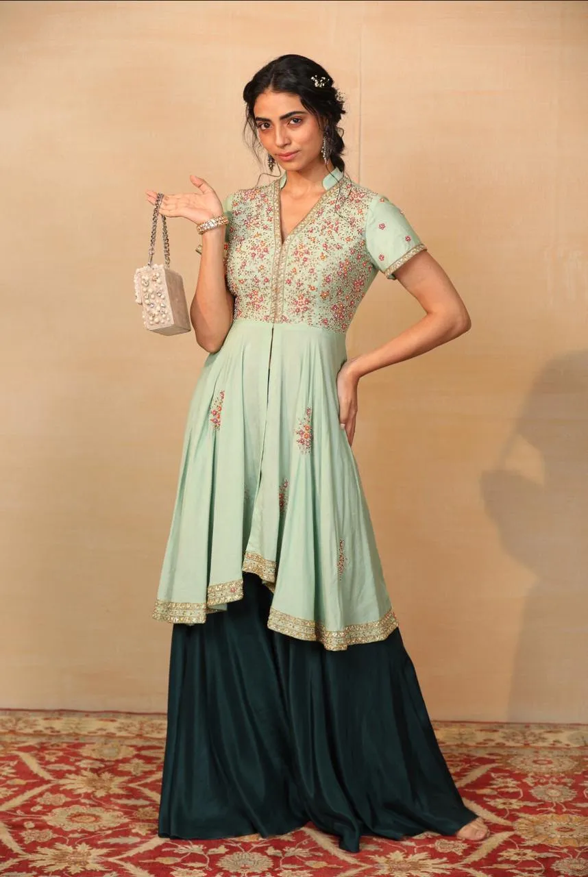 Designer Rashika's Rent Mint Green High Low Kurta with Flared Pants