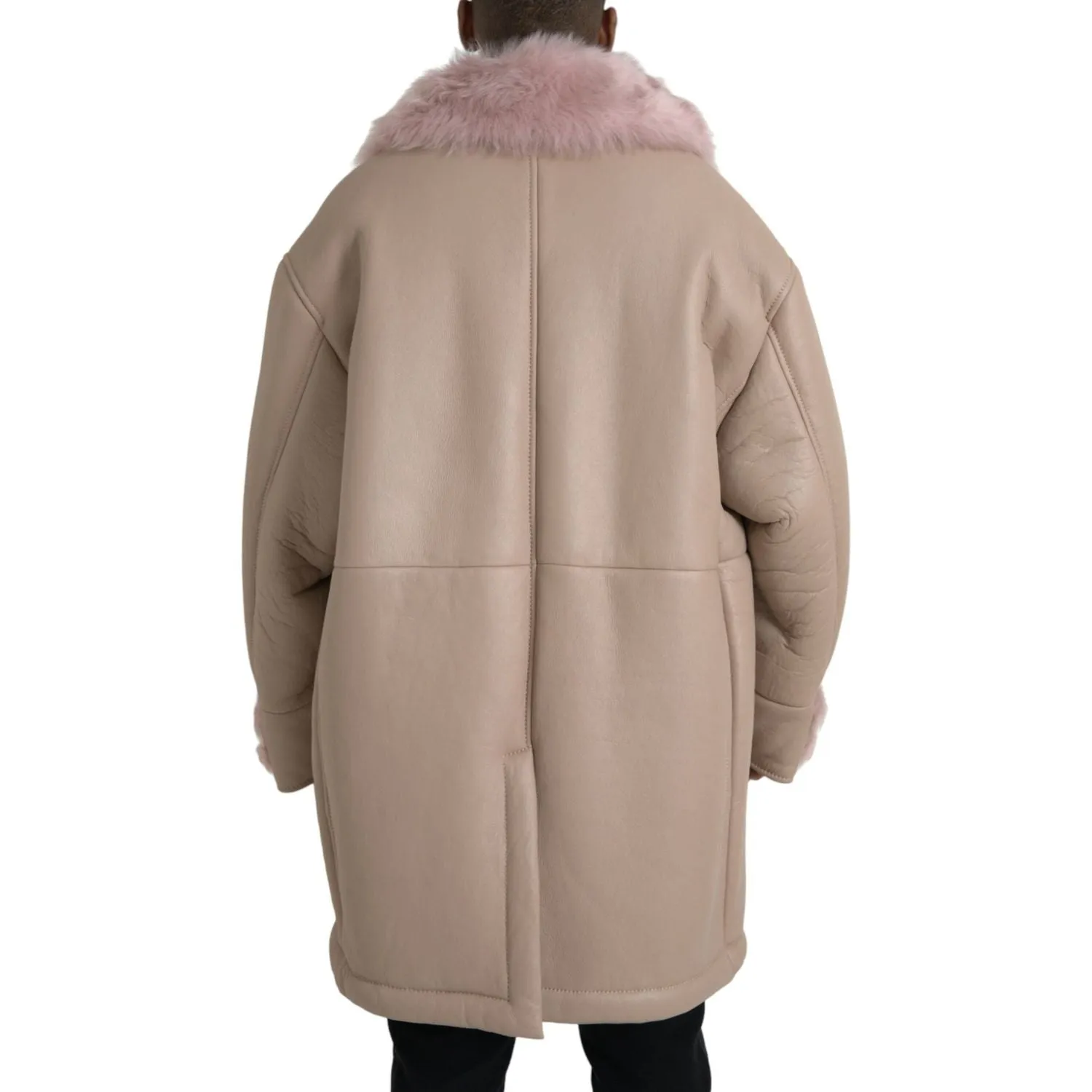 Dolce & Gabbana Beige Pink Lamb Leather Shearling Coat Jacket