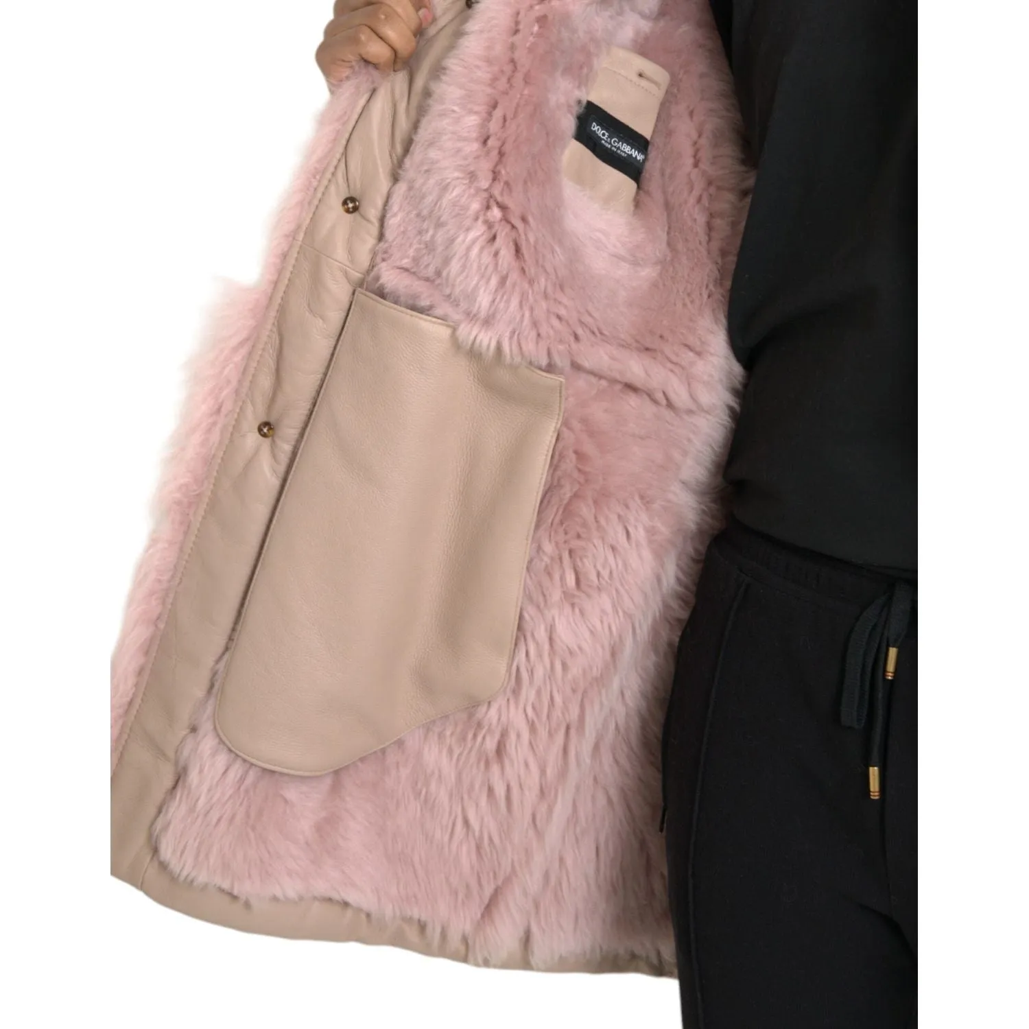 Dolce & Gabbana Beige Pink Lamb Leather Shearling Coat Jacket