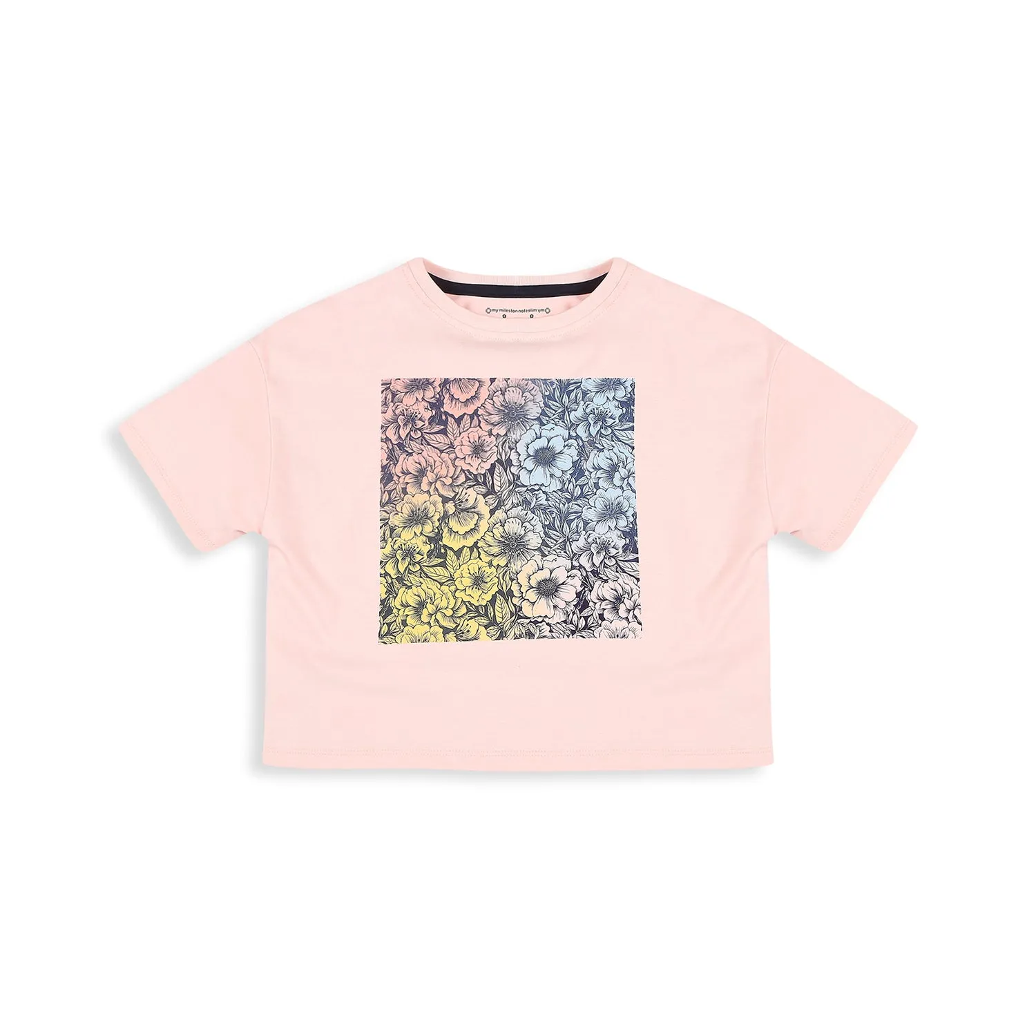 Drop Shoulder Crop Tee With Flower Gradiation Print - Icy Pink