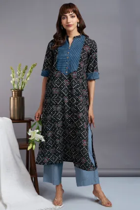 ebony ocean - alluring ajrakh long yoke panel kurta