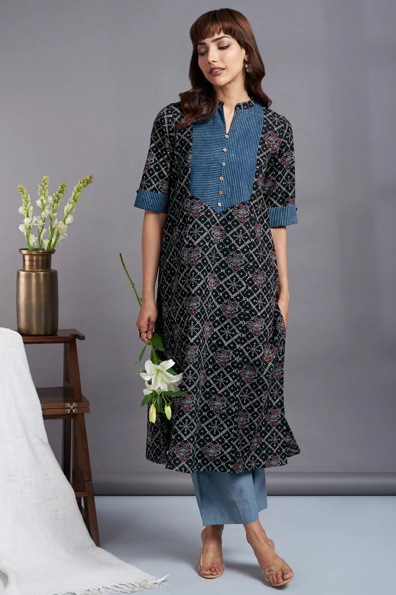 ebony ocean - alluring ajrakh long yoke panel kurta