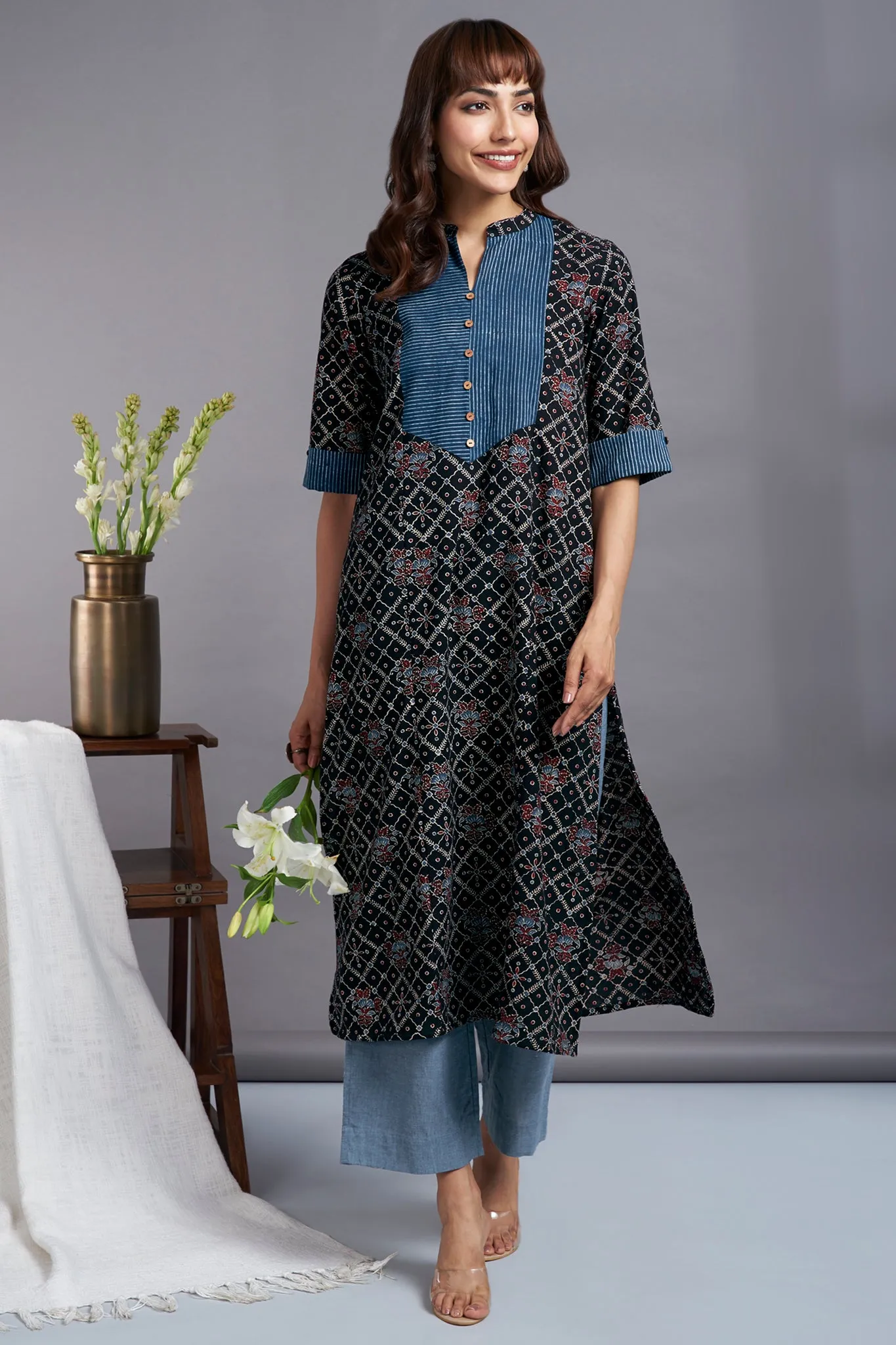 ebony ocean - alluring ajrakh long yoke panel kurta