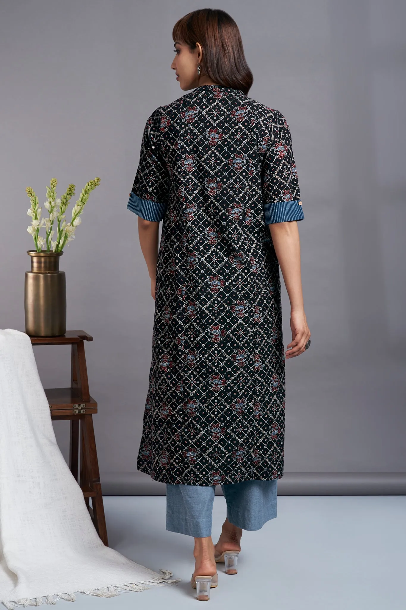 ebony ocean - alluring ajrakh long yoke panel kurta