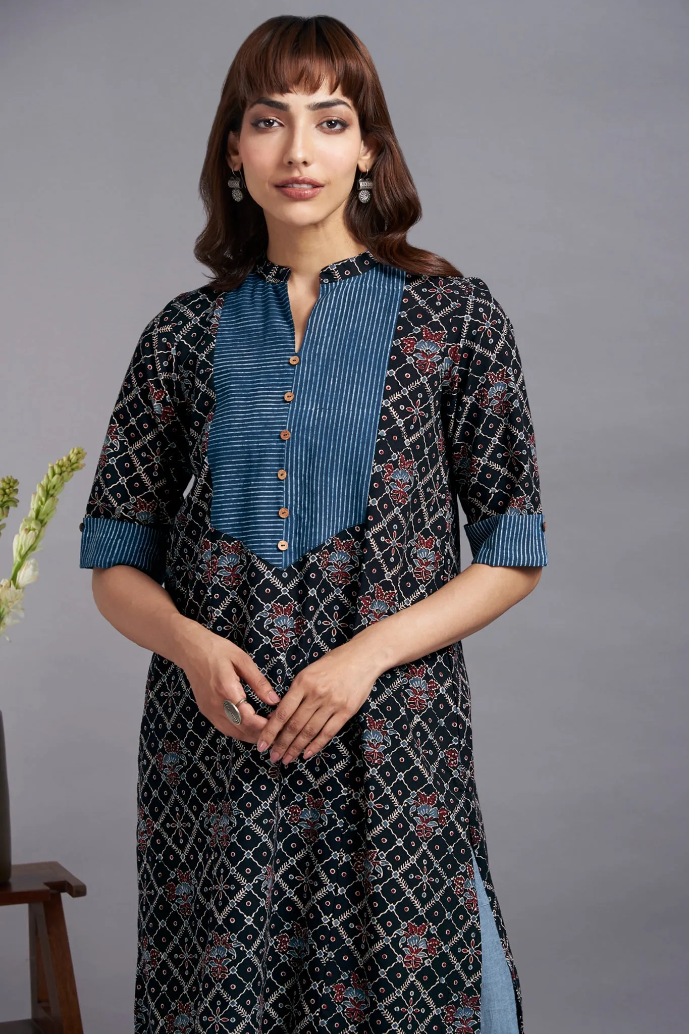 ebony ocean - alluring ajrakh long yoke panel kurta