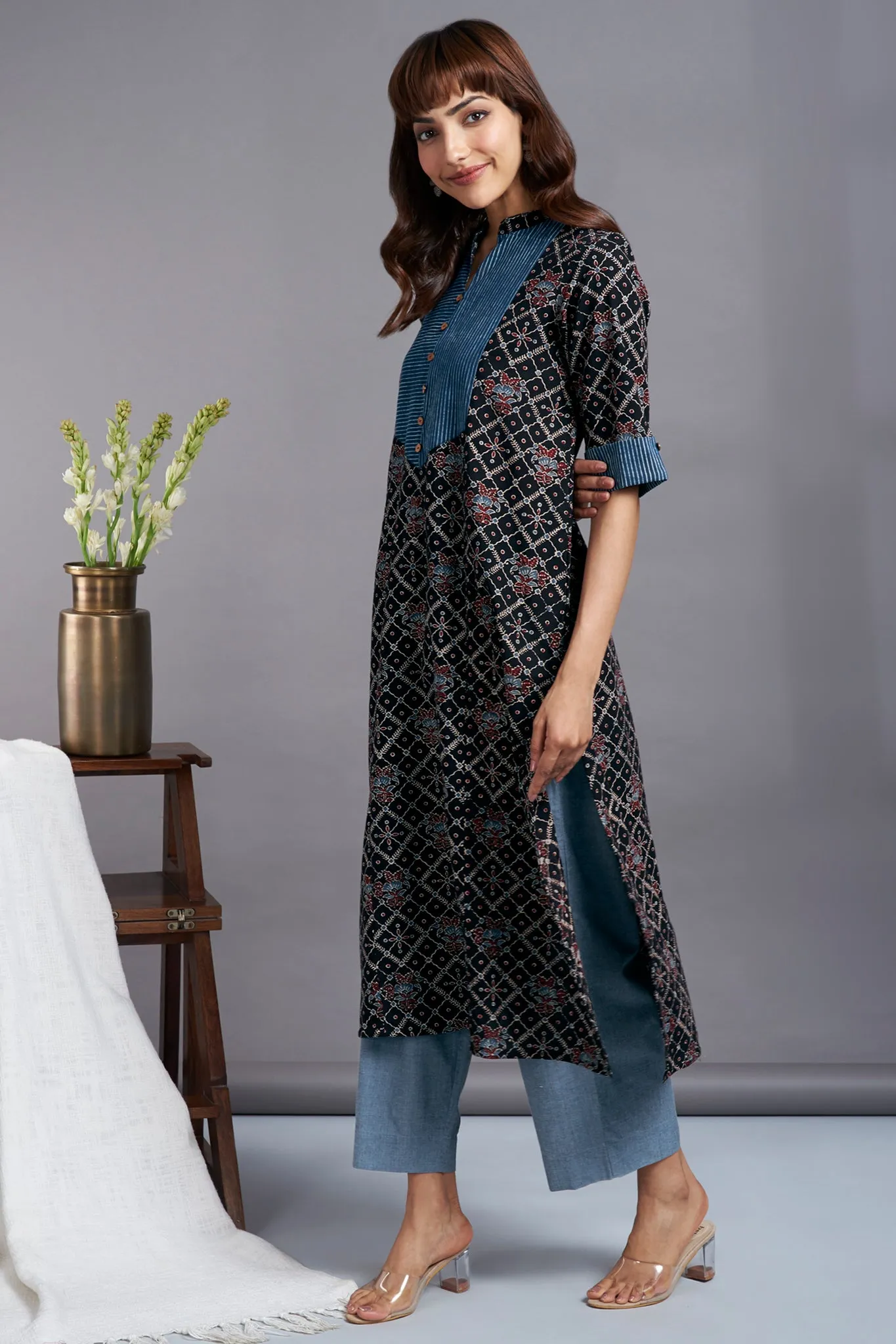 ebony ocean - alluring ajrakh long yoke panel kurta