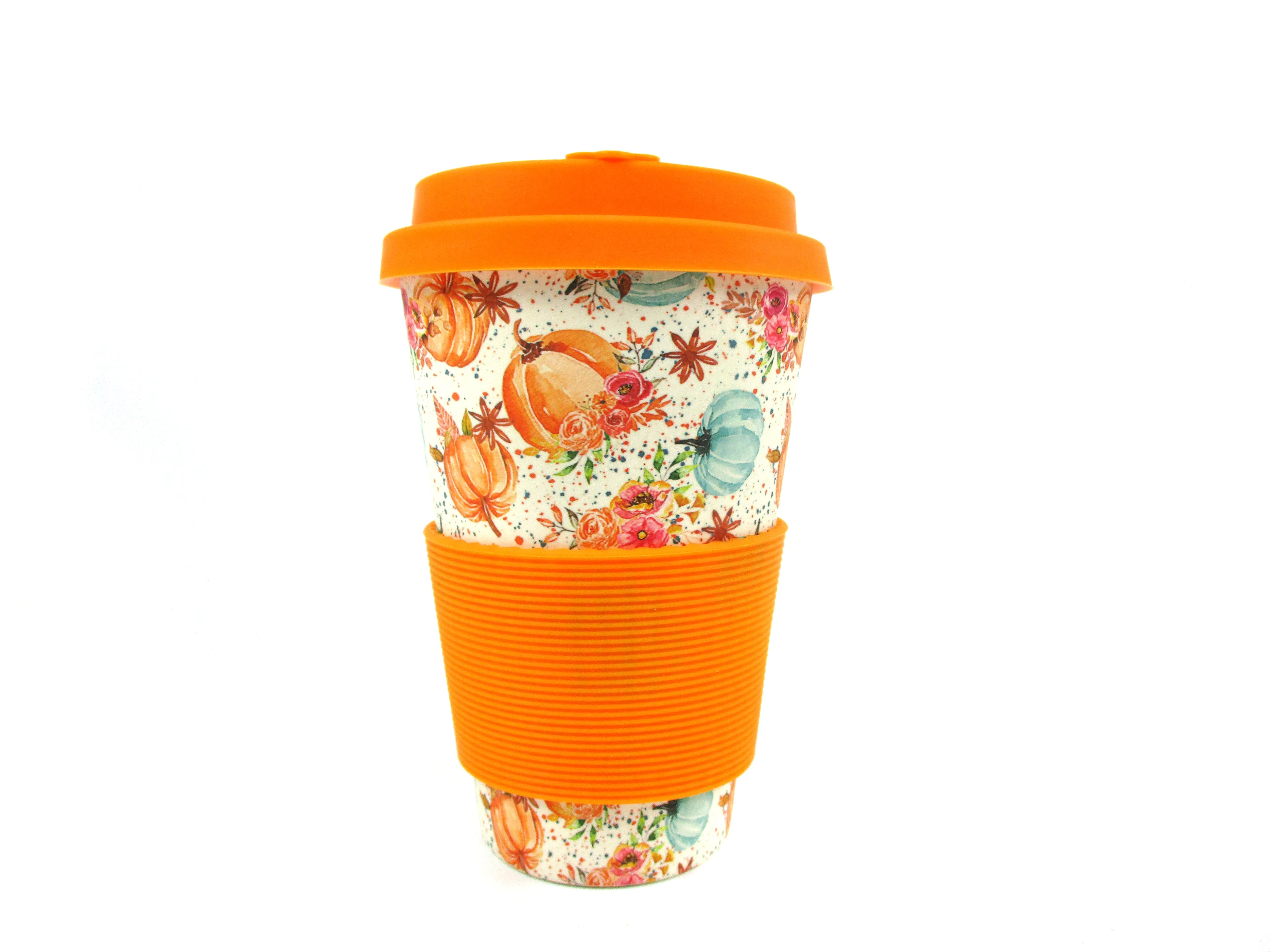 Eco-Friendly Reusable Plant Fiber 14 oz Travel Mug with Fall Harvest Pumpkin Design