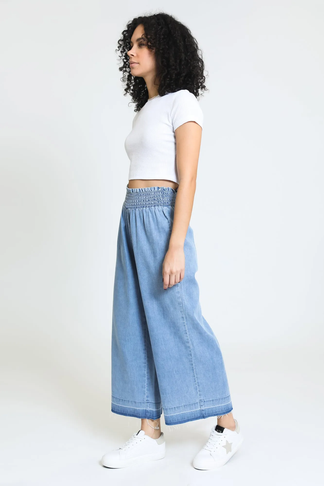 Emma Raw Hem Cropped Wide Leg Pant - Washed Indigo