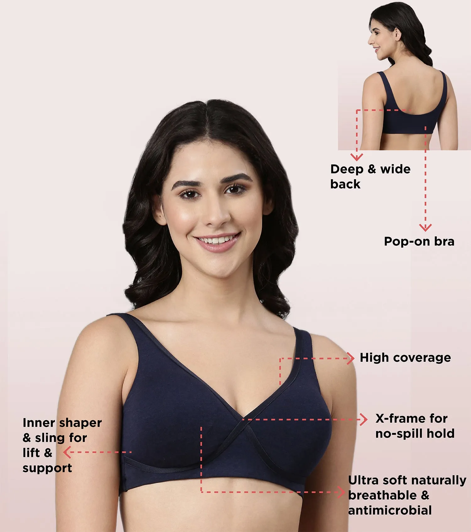 Enamor BambooBliss A076 Ultimate Softness Innovation Bamboo Cotton Lounge Slip-on T-shirt Bra for Women with Removable Pads- High Coverage, Padded and Wirefree