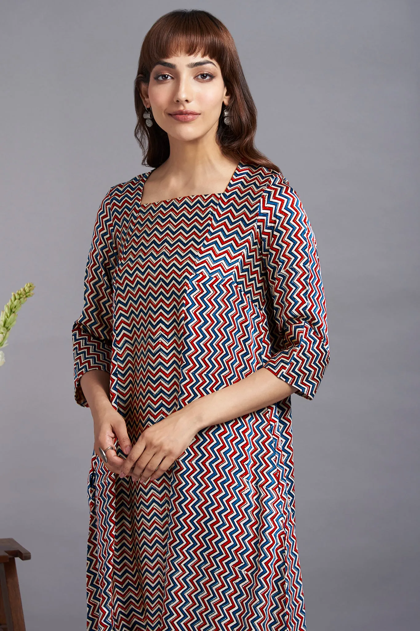 ethereal chevron ivory - luxe silk ajrakh square panel kurta