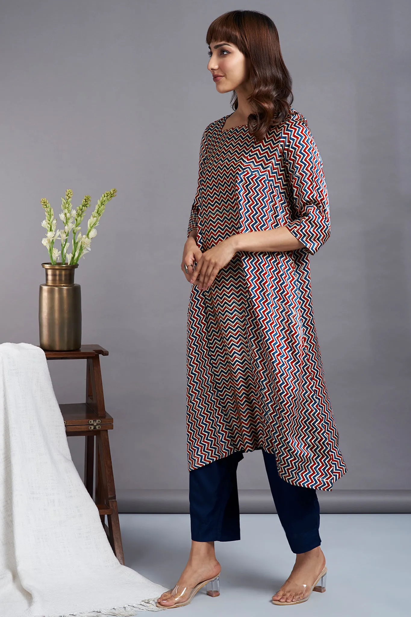 ethereal chevron ivory - luxe silk ajrakh square panel kurta