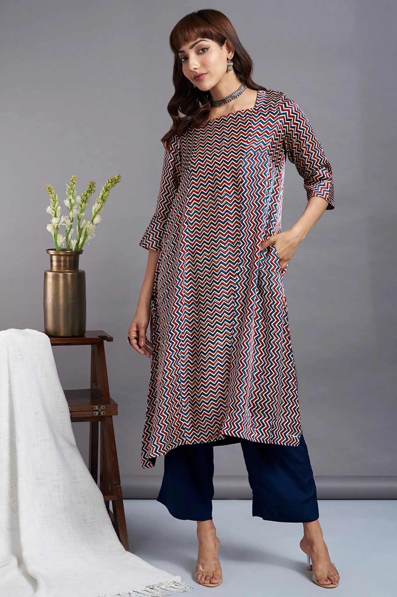 ethereal chevron ivory - luxe silk ajrakh square panel kurta