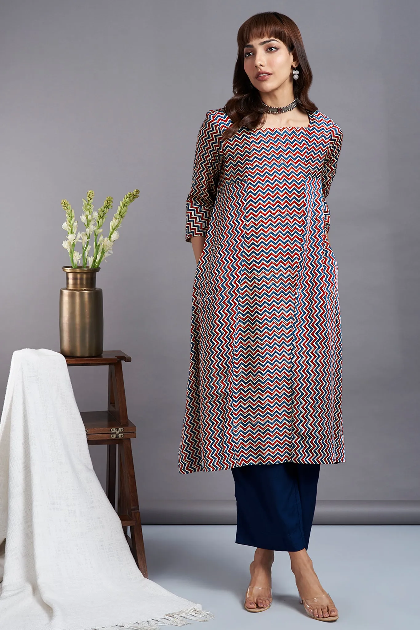 ethereal chevron ivory - luxe silk ajrakh square panel kurta