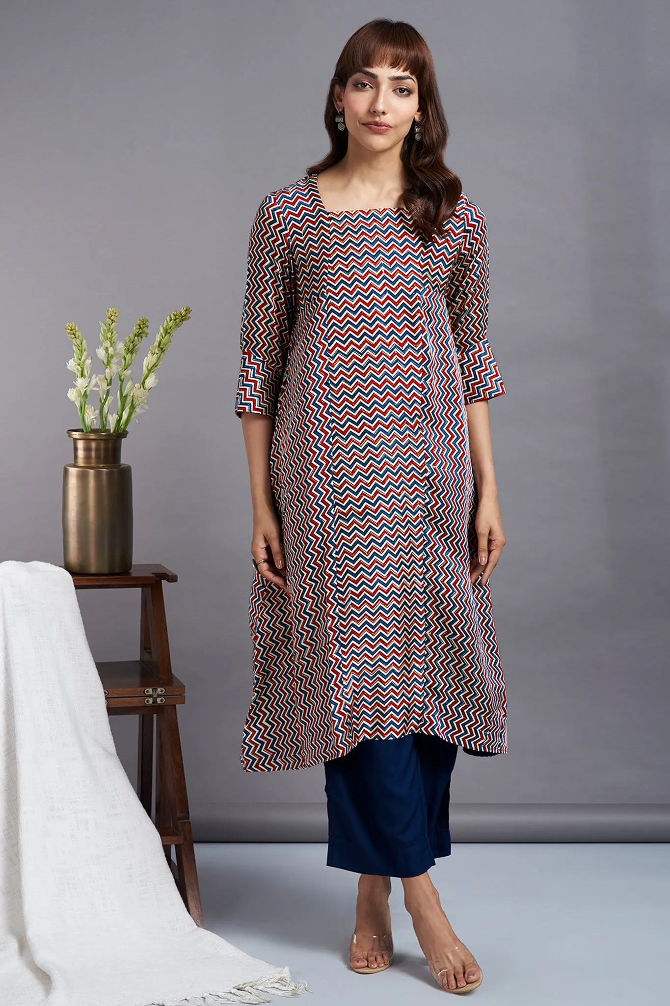 ethereal chevron ivory - luxe silk ajrakh square panel kurta